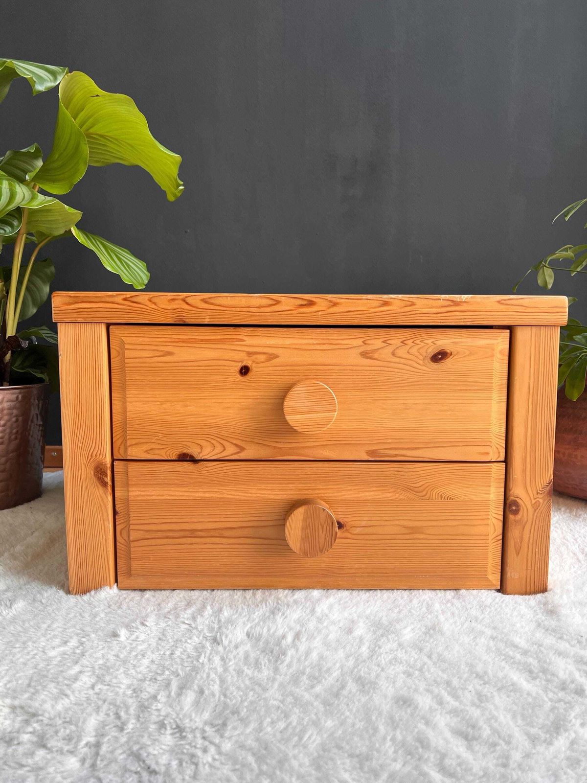 Vintage Brutalist Pine Nightstand   Low Profile Side Table Mcm 1970s photo buy