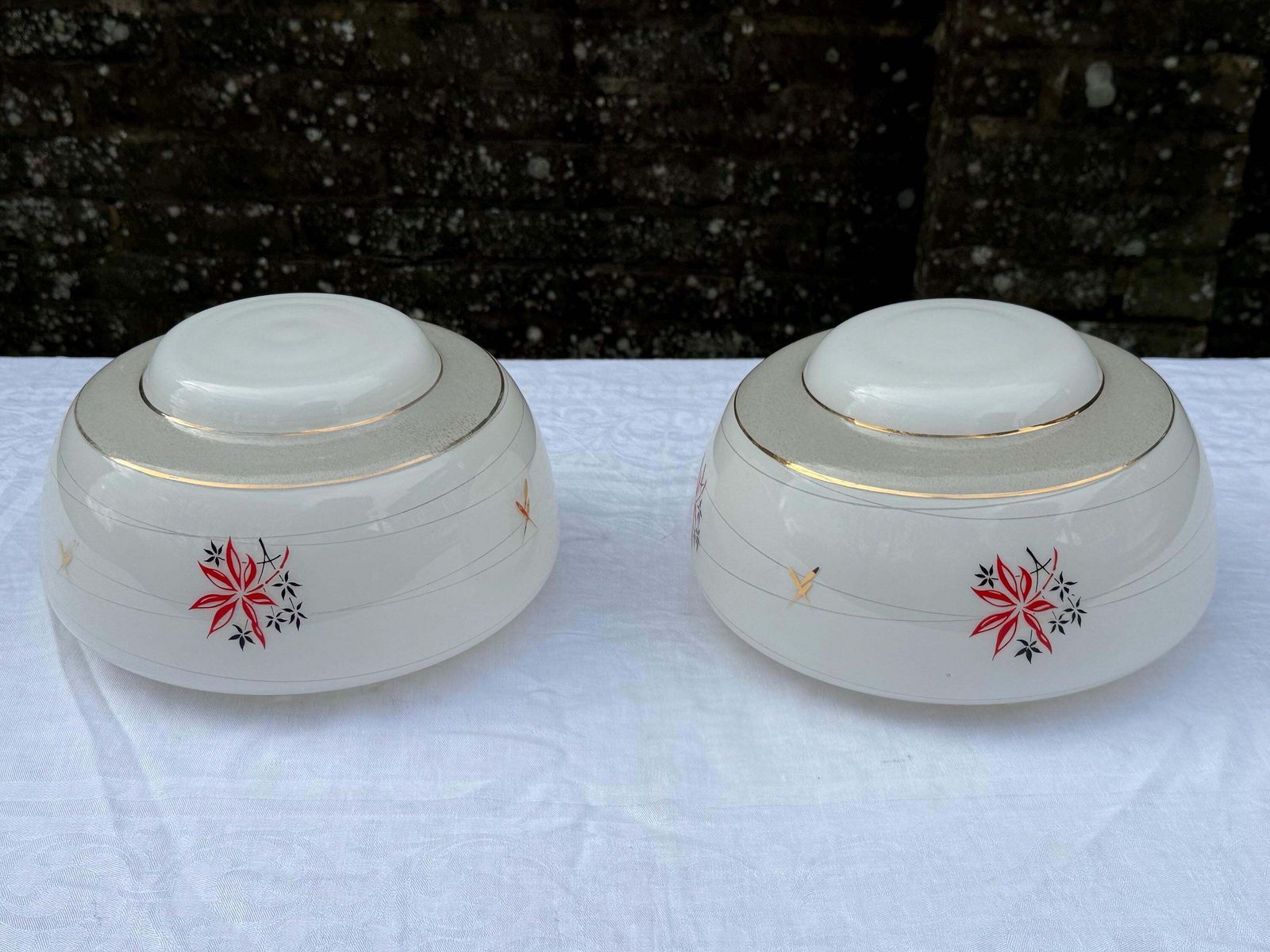 Authentic Pair Of Vintage Frosted Glass Ceiling Light Shades With Floral Mid Century Detailing photo vintage