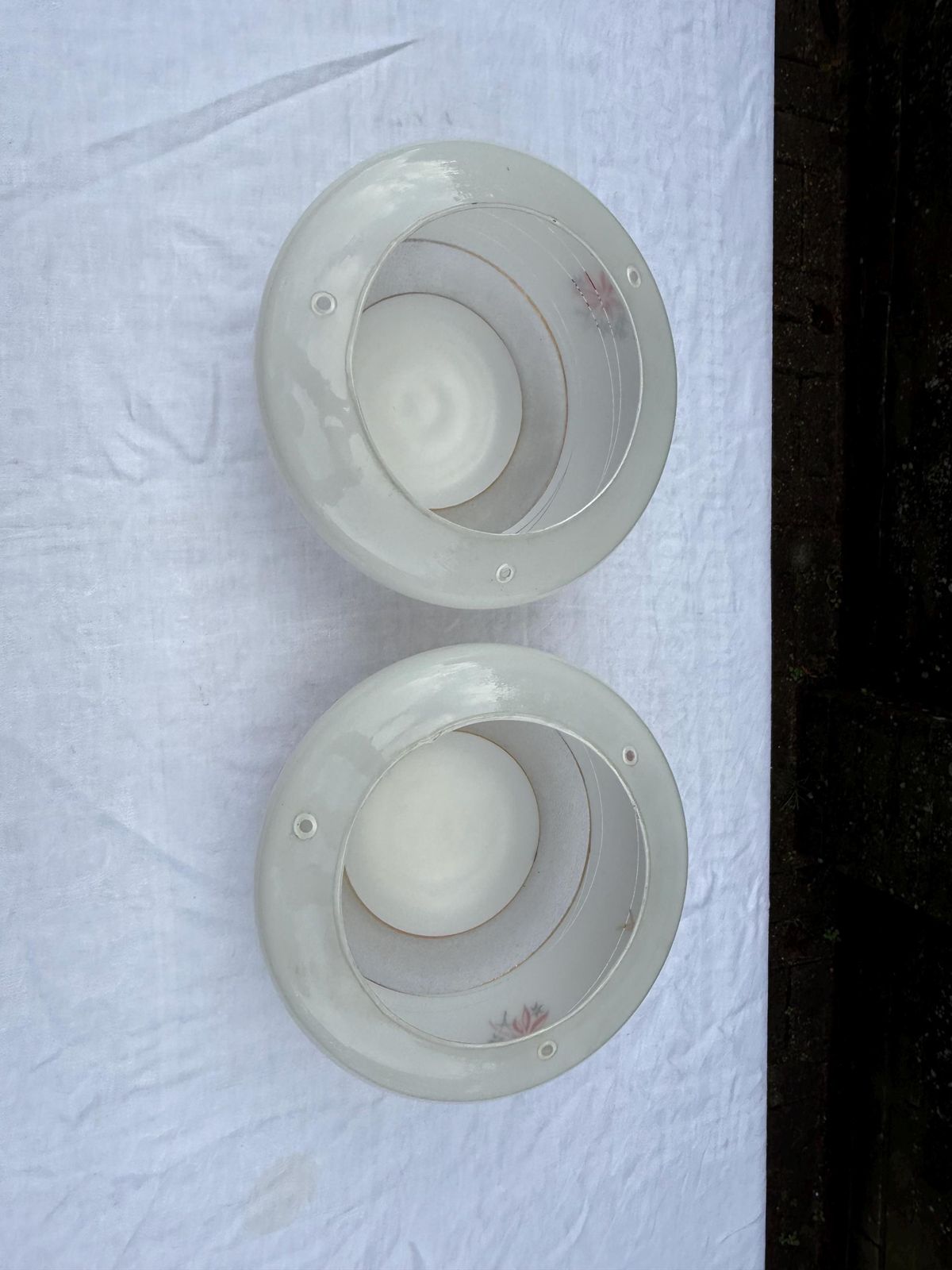 Lighting Authentic Pair Of Vintage Frosted Glass Ceiling Light Shades With Floral Mid Century Detailing photo