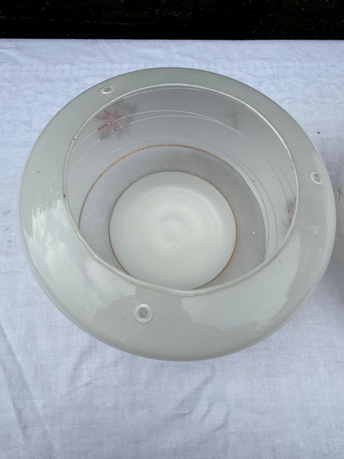 153.0 Authentic Pair Of Vintage Frosted Glass Ceiling Light Shades With Floral Mid Century Detailing photo