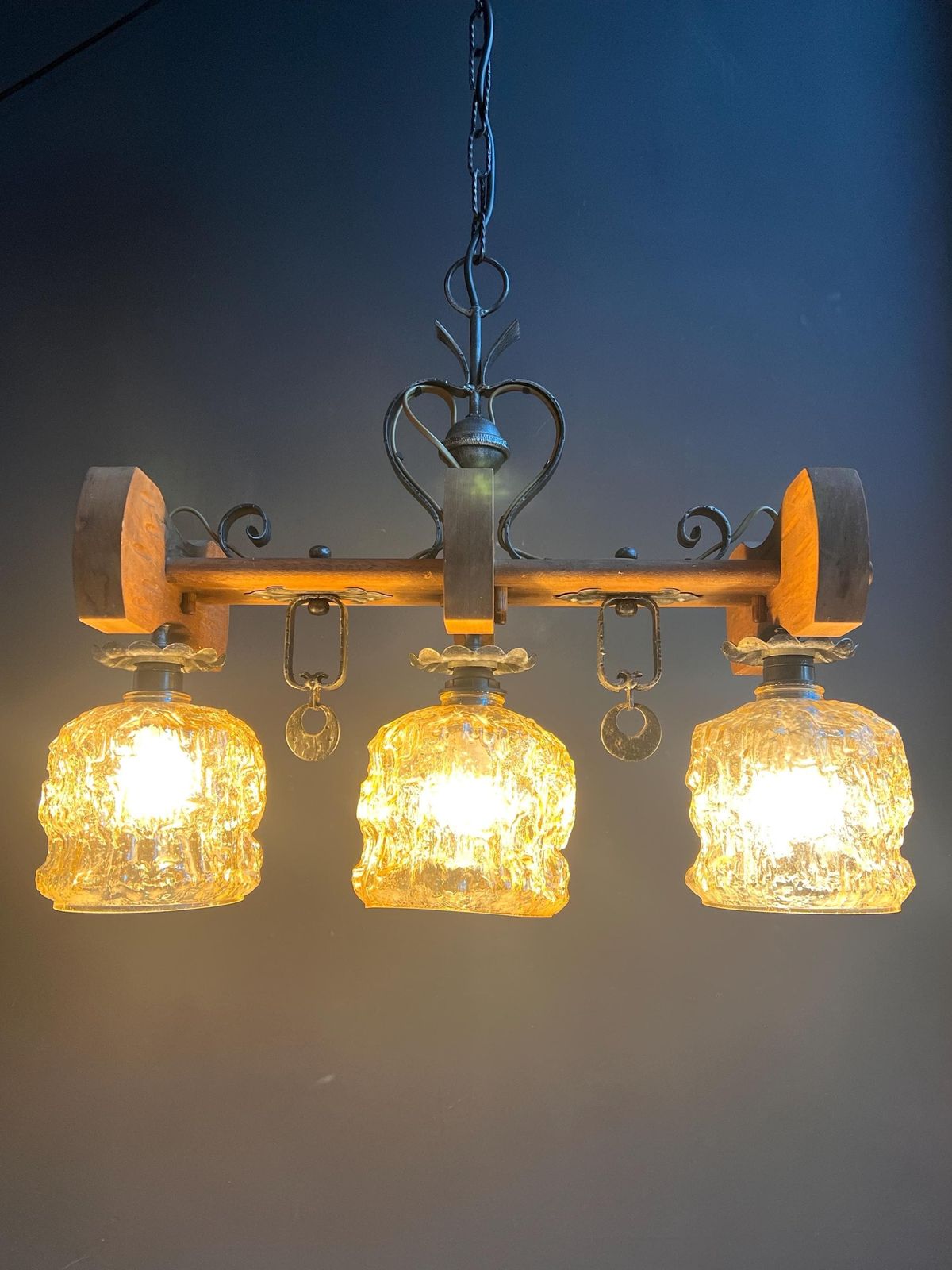 Vintage Rustic Mid Century Chandelier: Spanish Revival Wood Beam, Cracked Ice Amber Glass