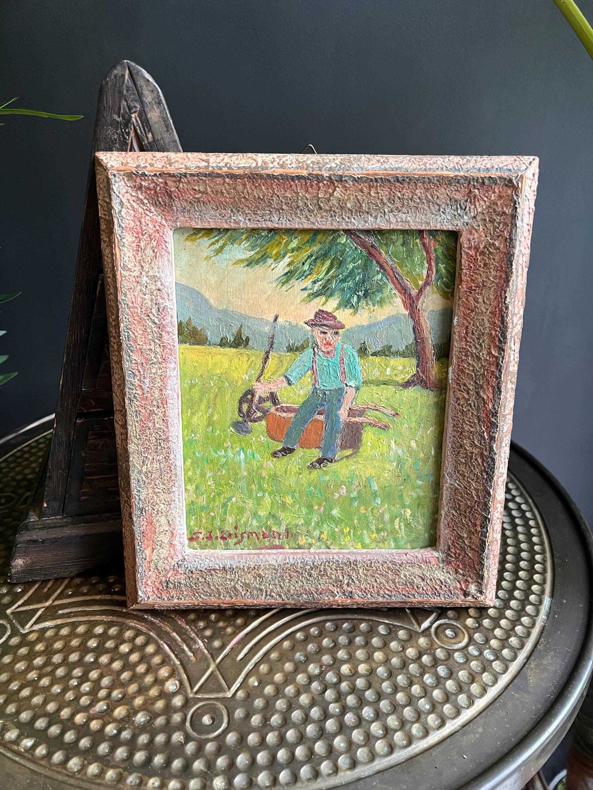 Vintage Swiss Folk Art Painting By F. J. Erismann – Emmental Farmer – Signed Original Naive Art