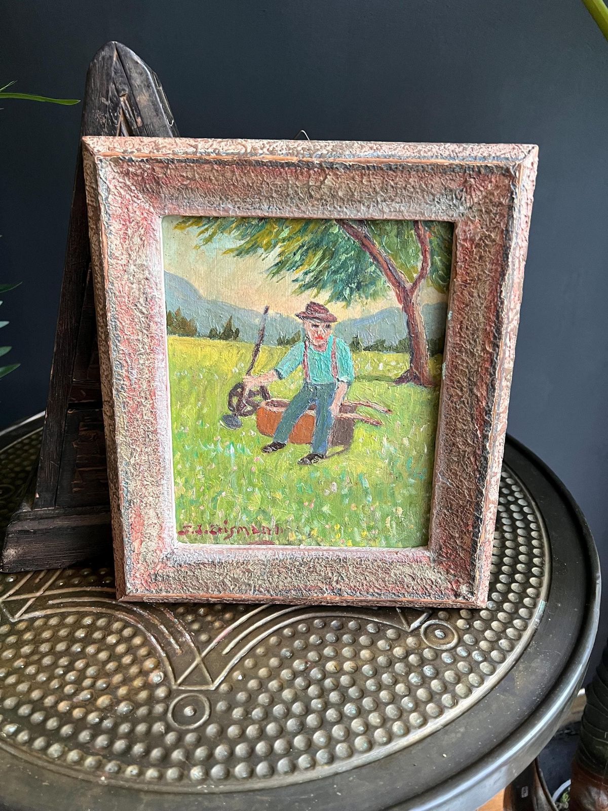 Vintage Swiss Folk Art Painting By F. J. Erismann – Emmental Farmer – Signed Original Naive Art photo furniture