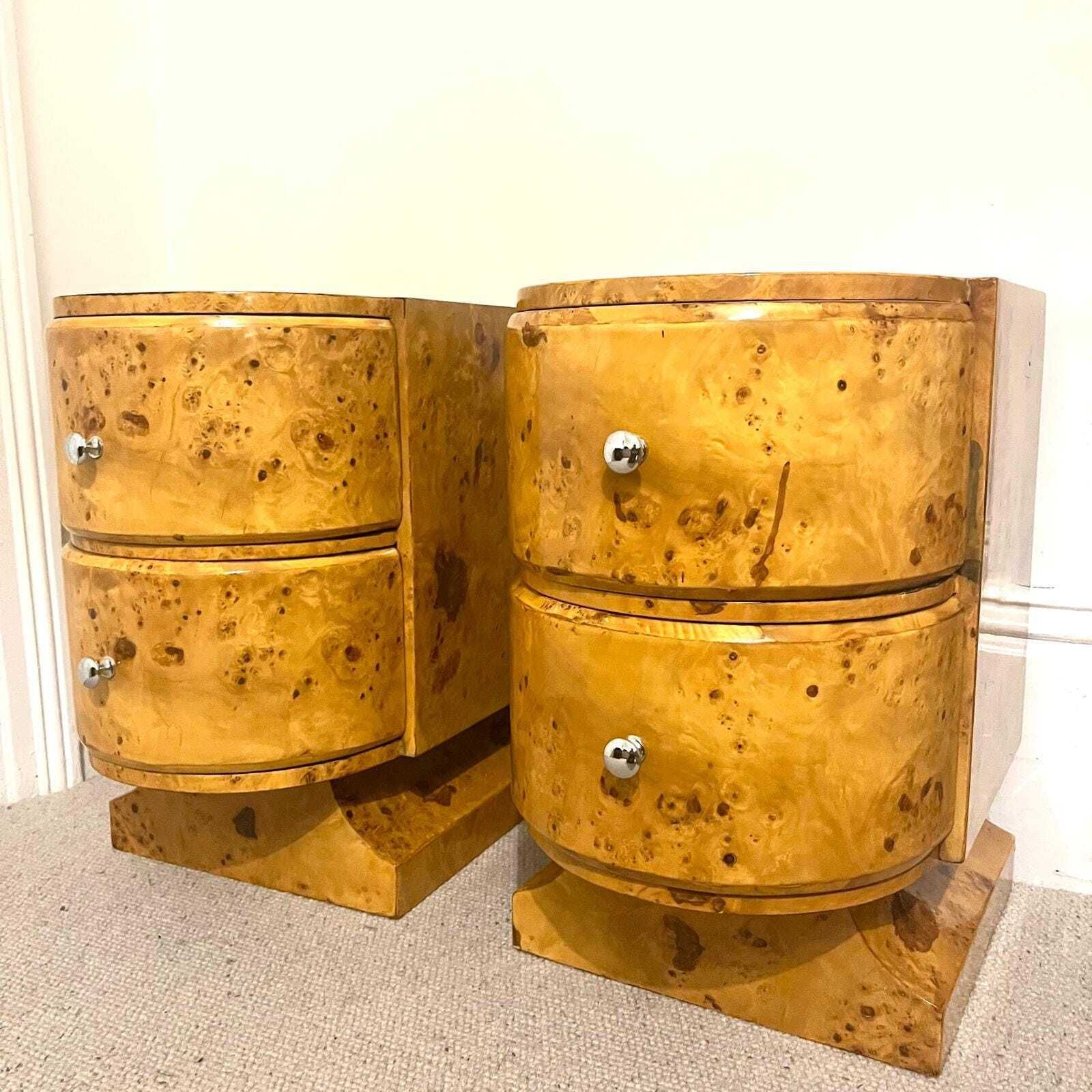A Pair Of Curved Art Deco Style Burr Walnut With 2 Drawers Bedside Tables/ Night Stands/ Side Tables photo for sale