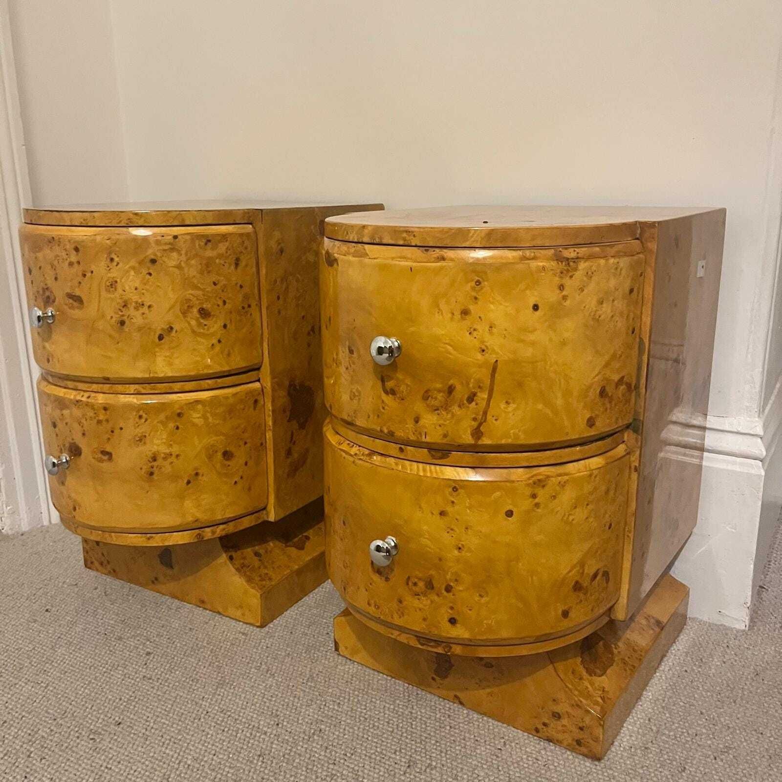 A Pair Of Curved Art Deco Style Burr Walnut With 2 Drawers Bedside Tables/ Night Stands/ Side Tables photo buy