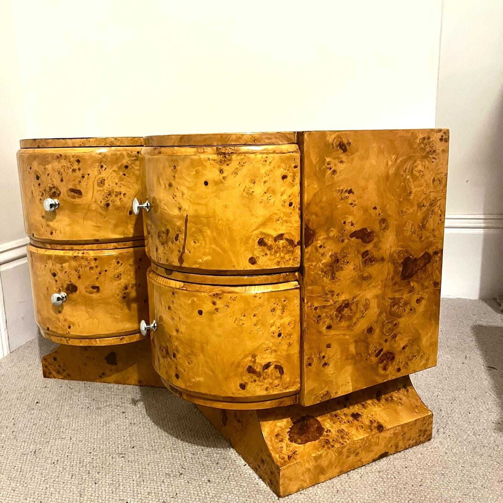 A Pair Of Curved Art Deco Style Burr Walnut With 2 Drawers Bedside Tables/ Night Stands/ Side Tables photo vintage