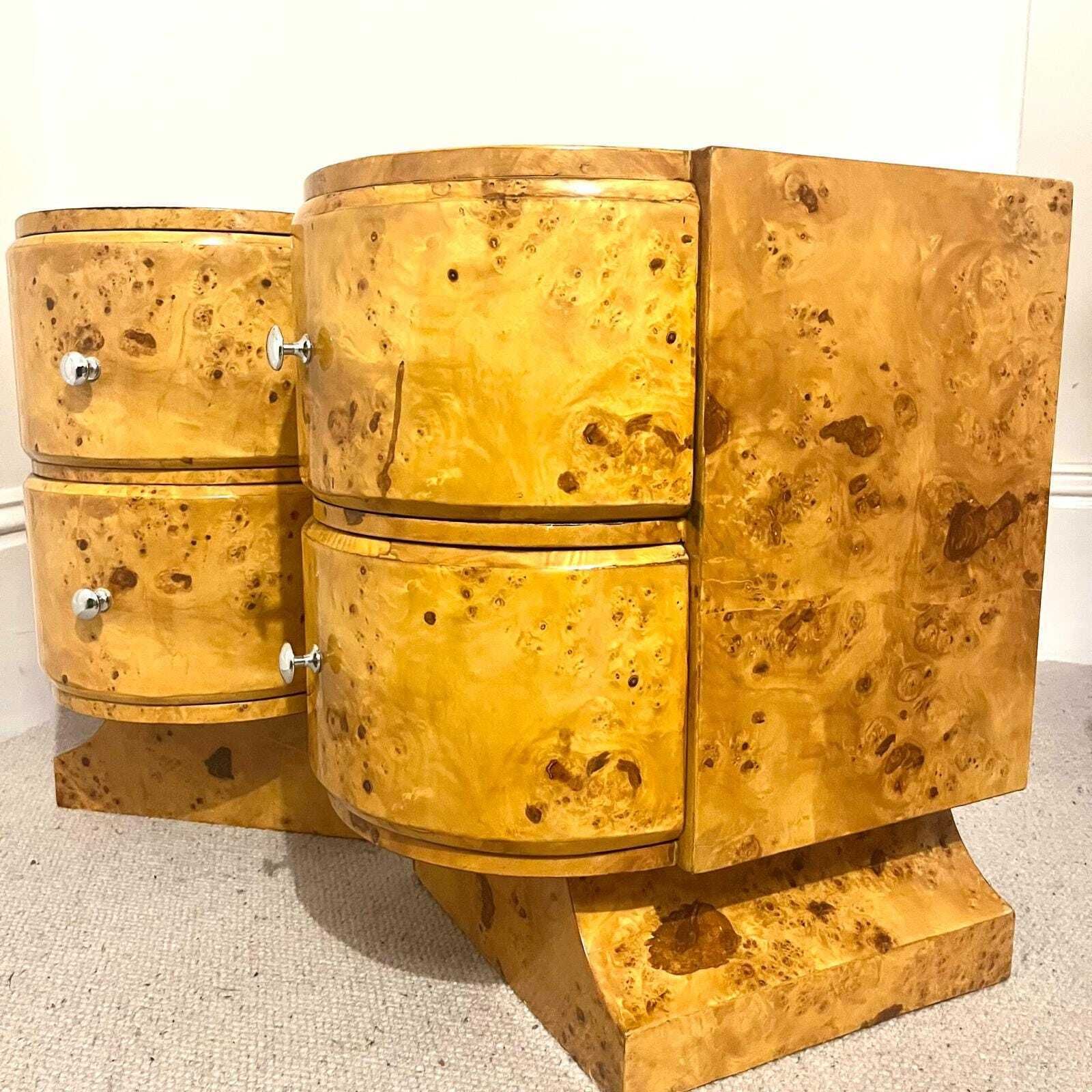 photo for sale A Pair Of Curved Art Deco Style Burr Walnut With 2 Drawers Bedside Tables/ Night Stands/ Side Tables