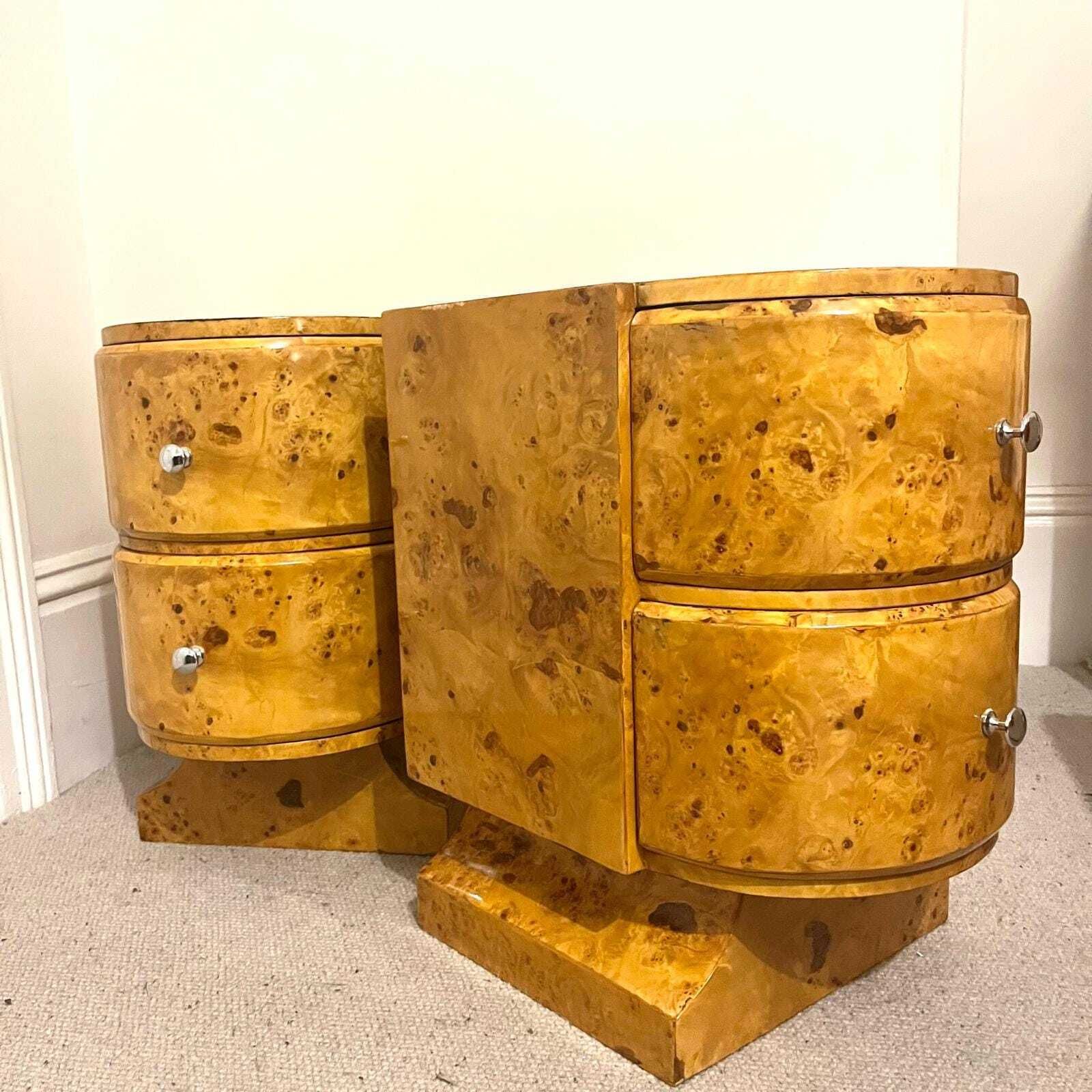 Furniture A Pair Of Curved Art Deco Style Burr Walnut With 2 Drawers Bedside Tables/ Night Stands/ Side Tables photo