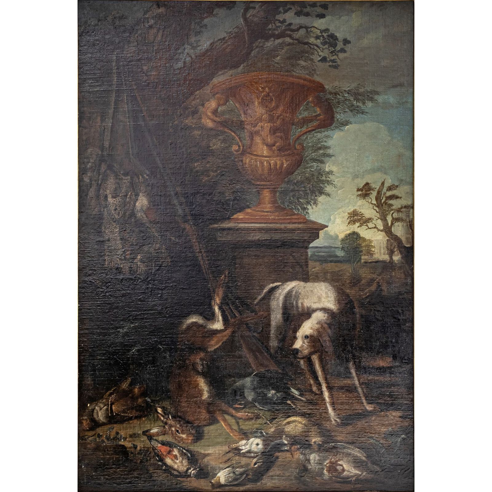 photo furniture Baroque Hunting Still Life With Dog, 18th Century, Large, Oil On Canvas, Framed