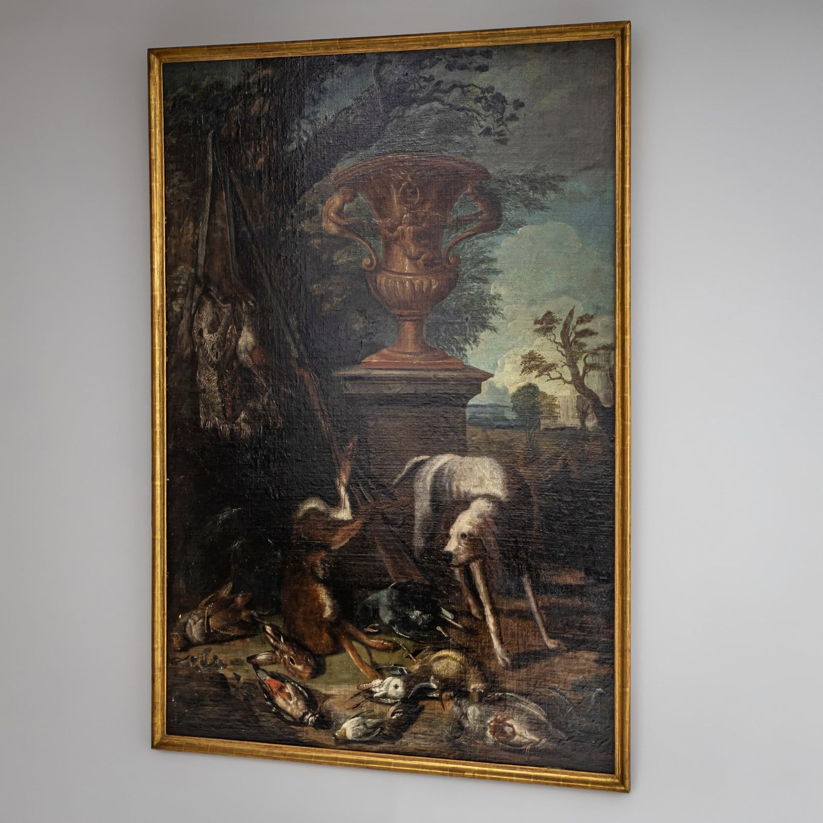photo vinterior Baroque Hunting Still Life With Dog, 18th Century, Large, Oil On Canvas, Framed