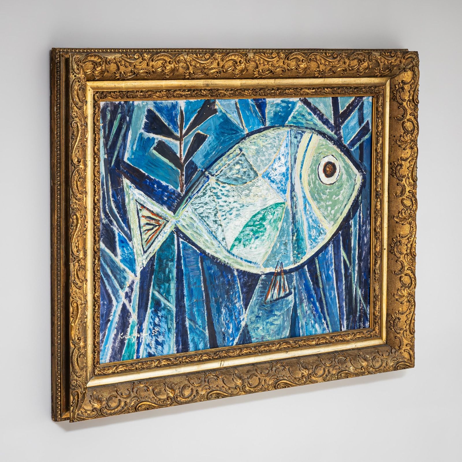 Werner Kreuzhage (1904–1989), Blue Fish Oil Painting On Wood, Abstract, 1955 photo vinterior