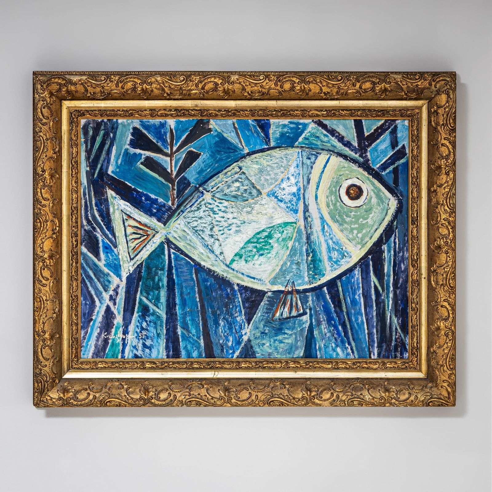 Werner Kreuzhage (1904–1989), Blauwe Vis, Olieverf Op Hout, Abstract, 1955