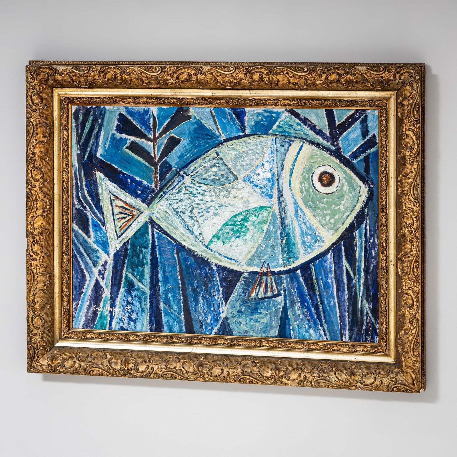 photo furniture Werner Kreuzhage (1904–1989), Blue Fish Oil Painting On Wood, Abstract, 1955