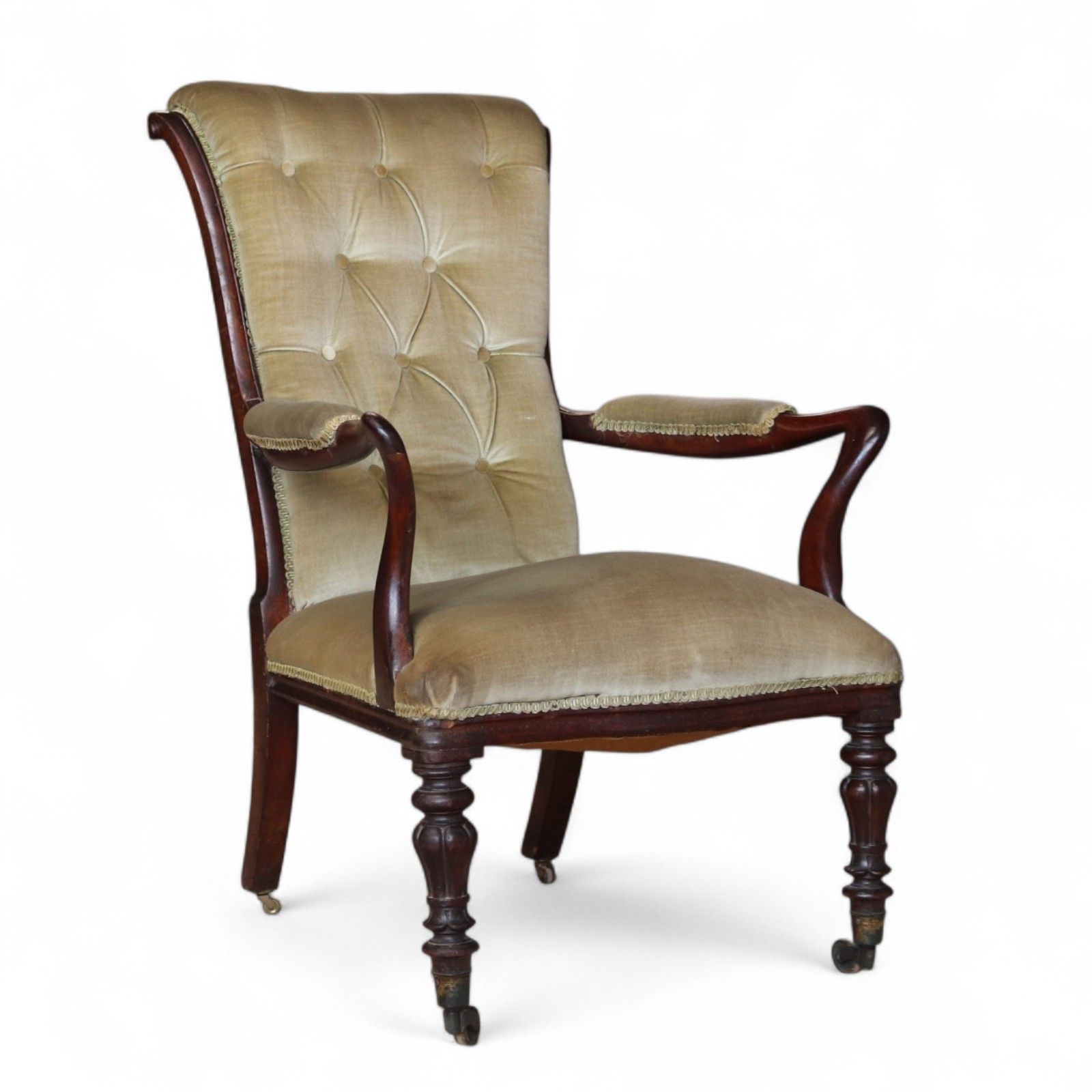 Antique Victorian Scroll Back Armchair  Mahogany Button Back Library Chair 19thc photo furniture
