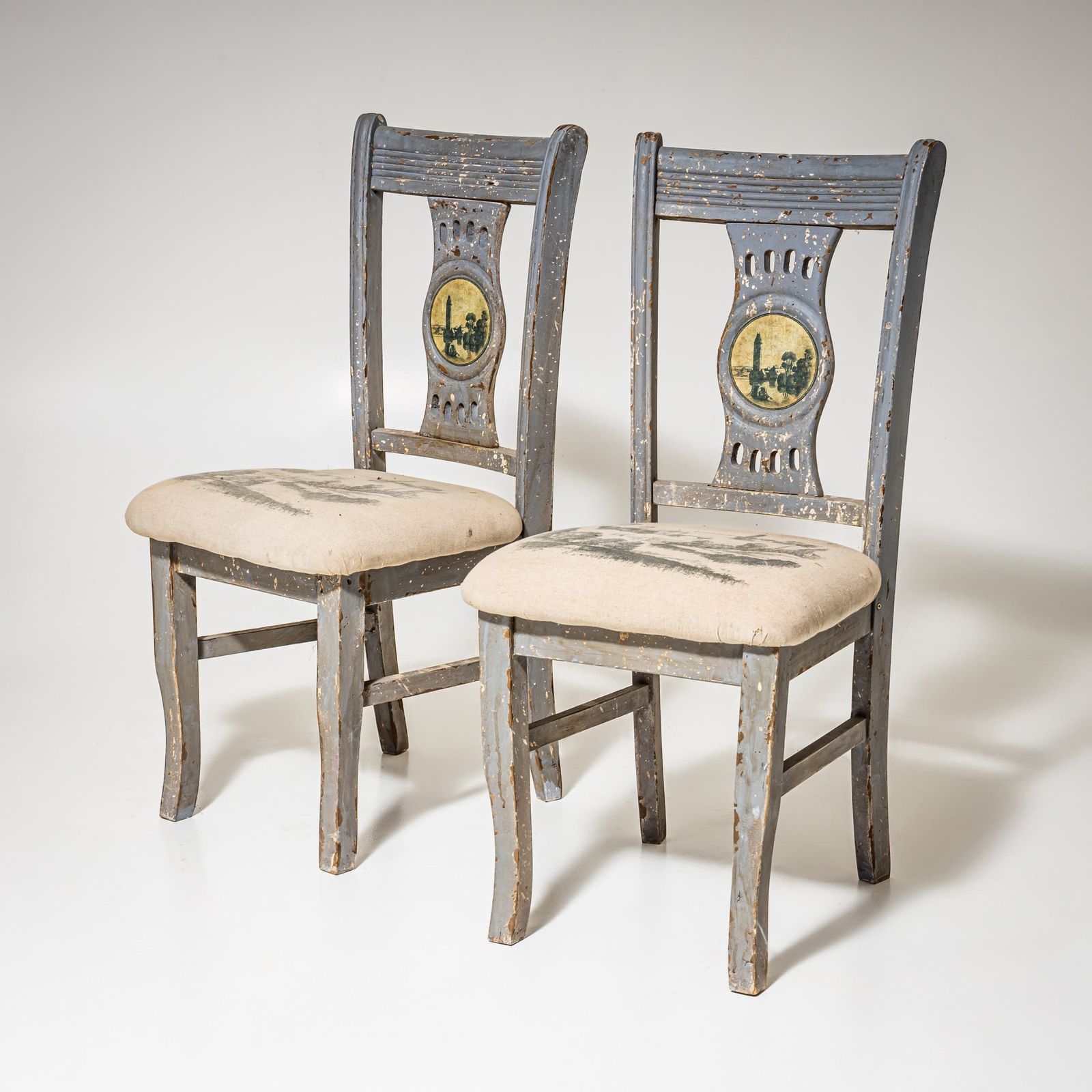Set Van Vier Grijze Stoelen Met Stadsgezichten, 19e Eeuw photo vinterior