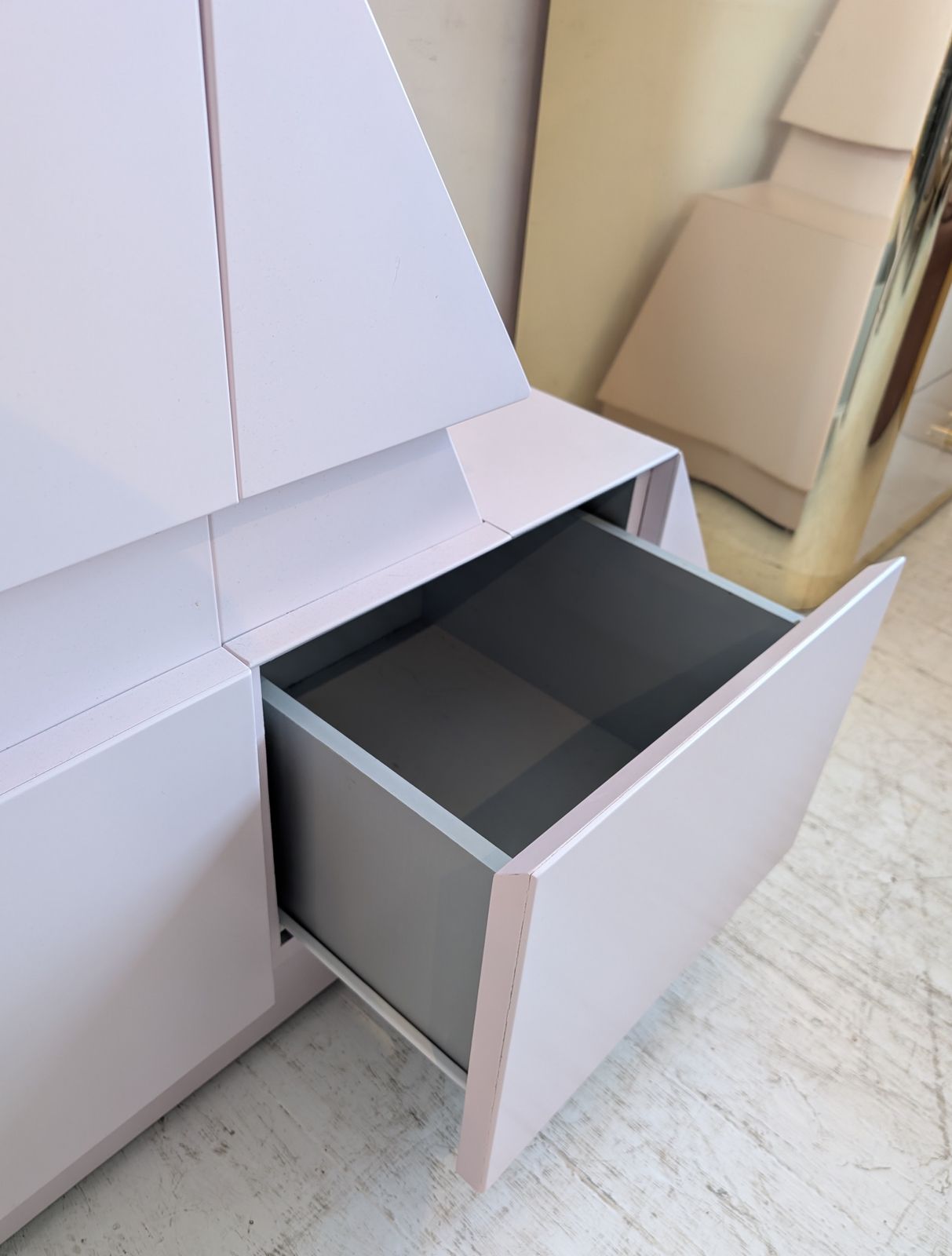 Sculptural Vintage Post Modern Pomo Pale Pink Lacquered Rhombus Sideboard, 1980s American photo buy