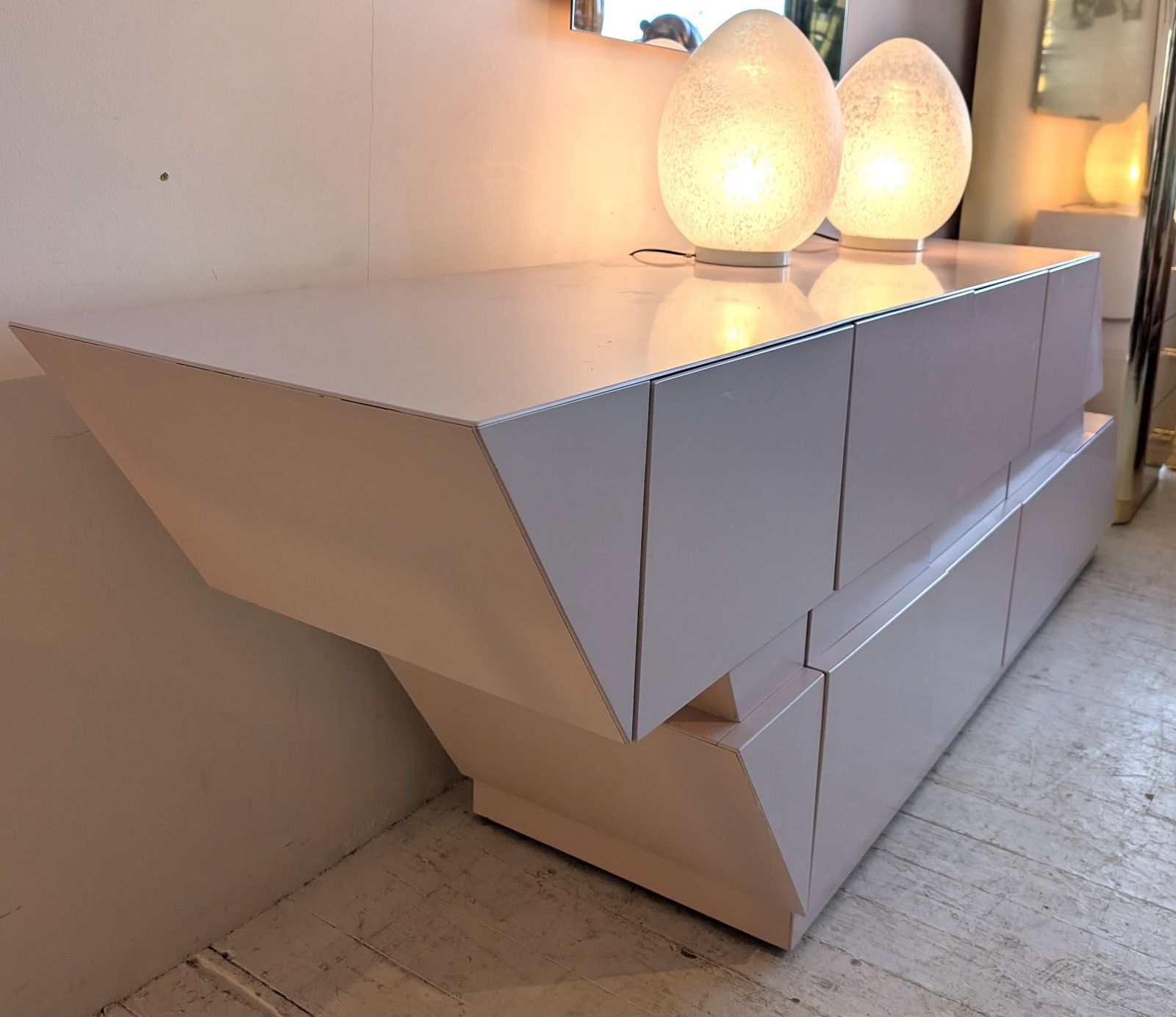 Sculptural Vintage Post Modern Pomo Pale Pink Lacquered Rhombus Sideboard, 1980s American photo vintage