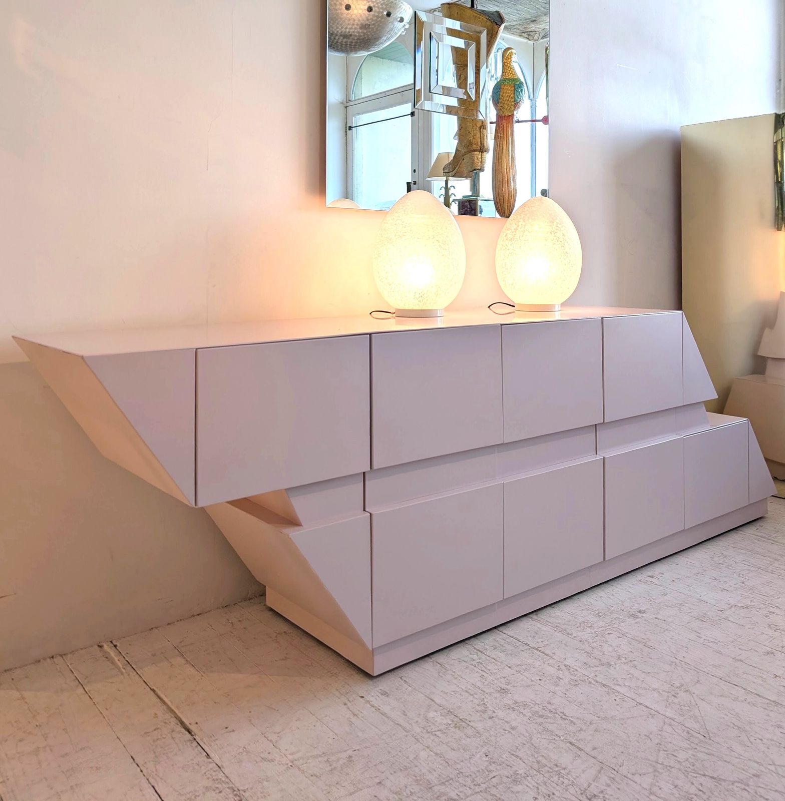 photo buy Sculptural Vintage Post Modern Pomo Pale Pink Lacquered Rhombus Sideboard, 1980s American