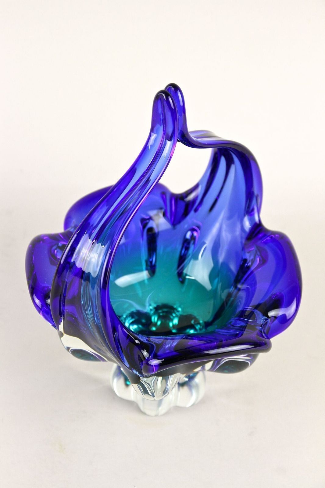 Blue Murano Glass Basket With Curved Handles, Mid Century It Ca. 1960 photo furniture