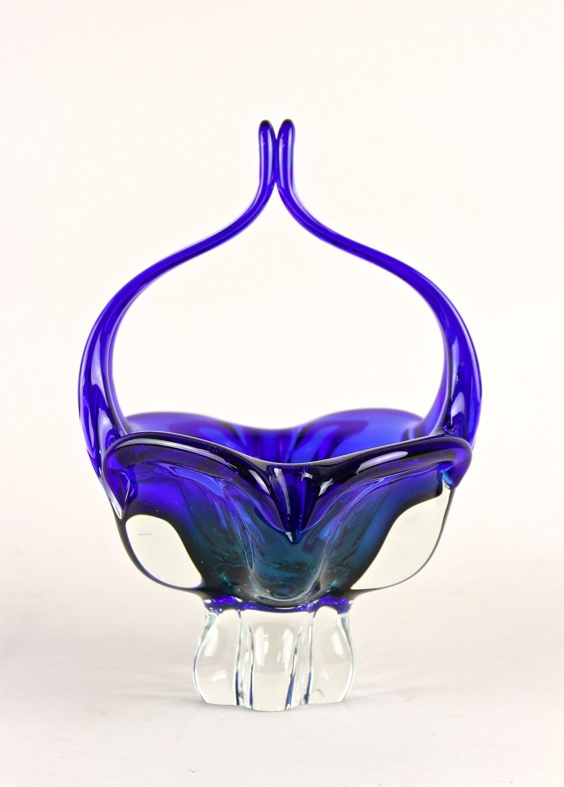 Blue Murano Glass Basket With Curved Handles, Mid Century It Ca. 1960 photo for sale