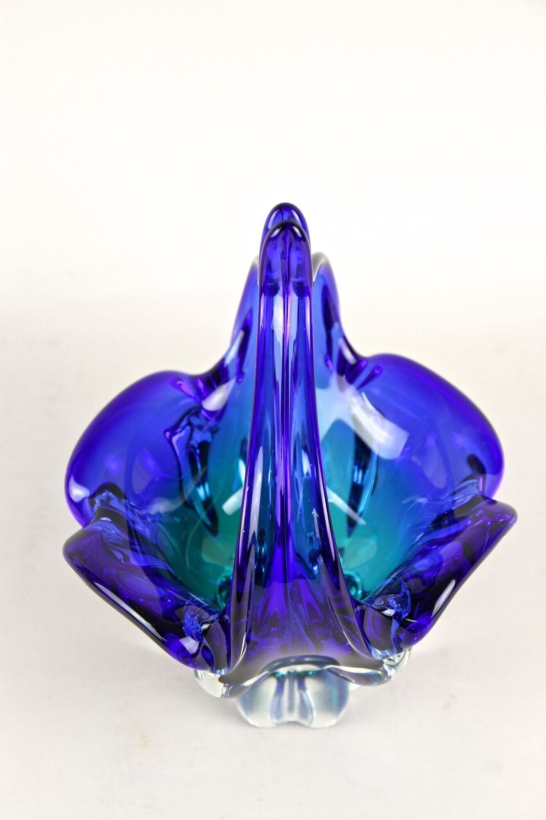photo furniture Blue Murano Glass Basket With Curved Handles, Mid Century It Ca. 1960