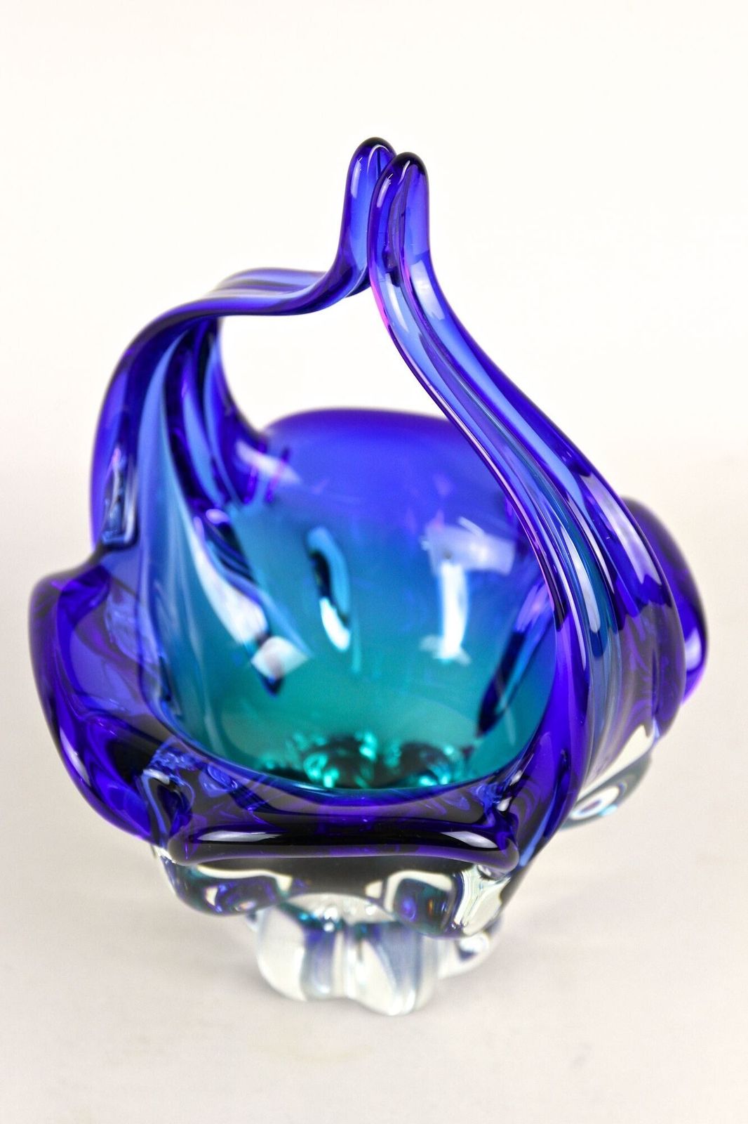 photo buy Blue Murano Glass Basket With Curved Handles, Mid Century It Ca. 1960