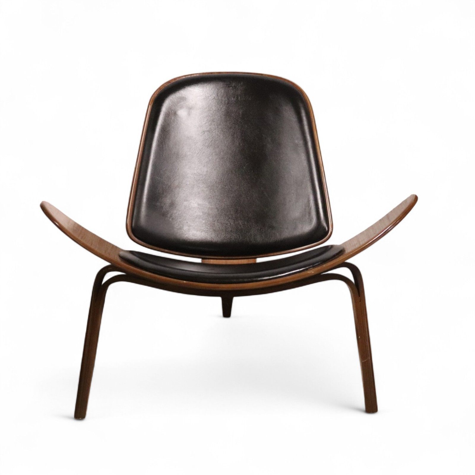 ​Mid Century Modern Walnut & Black Vinyl Shell Chair Hans J. Wegner Style photo Furniture