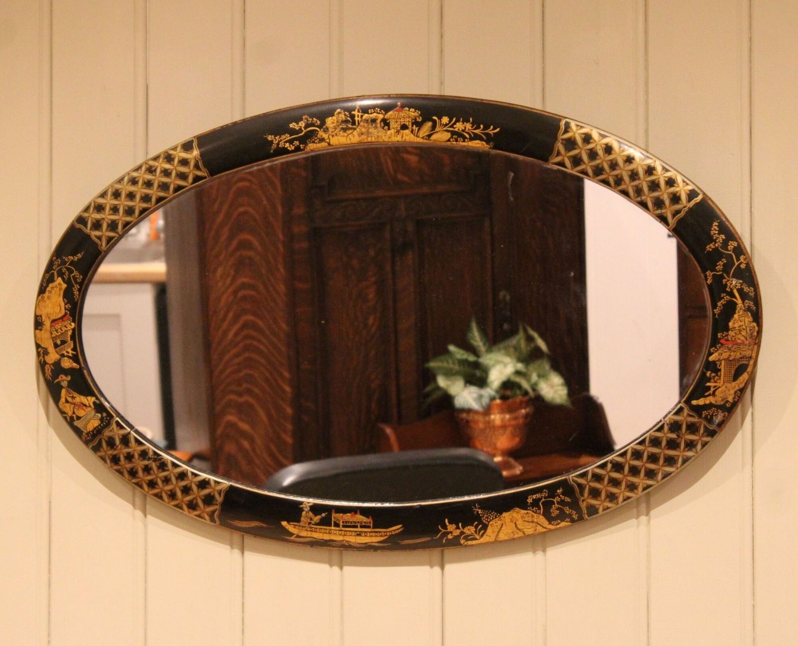 Black Chinoiserie Oval Wall Mirror photo for sale