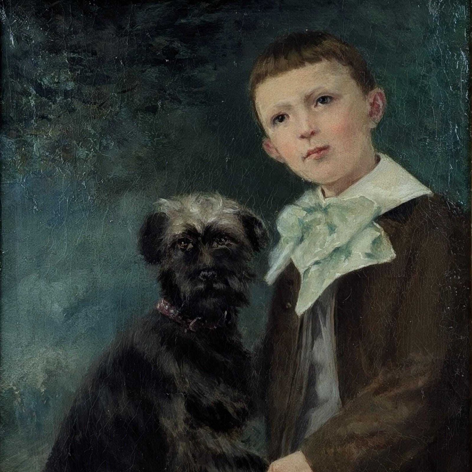 Antique Portrait Painting Boy With Terrier Dog Oil On Canvas Brown Gold Frame French School 19th Century Fine Art photo furniture