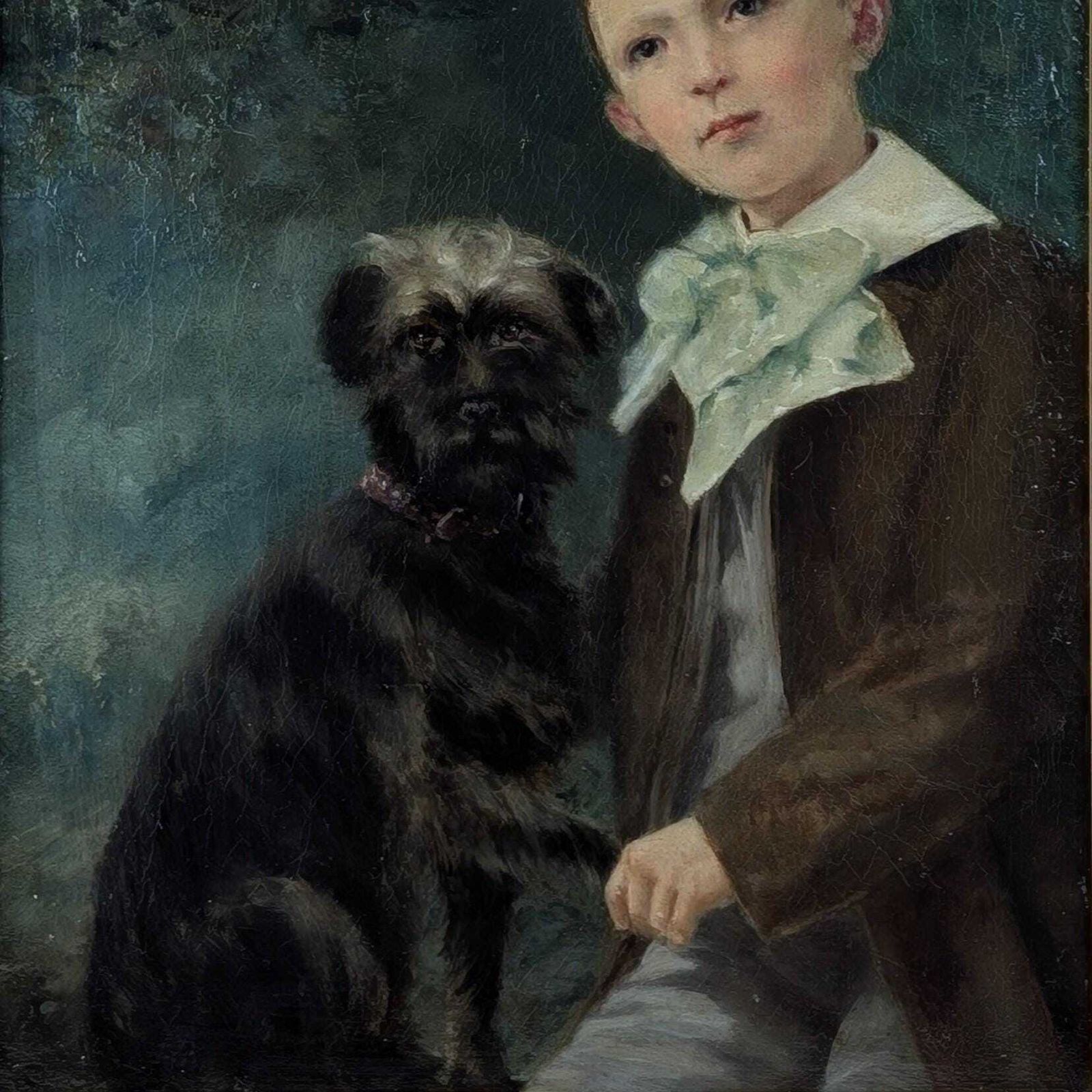 photo furniture Antique Portrait Painting Boy With Terrier Dog Oil On Canvas Brown Gold Frame French School 19th Century Fine Art