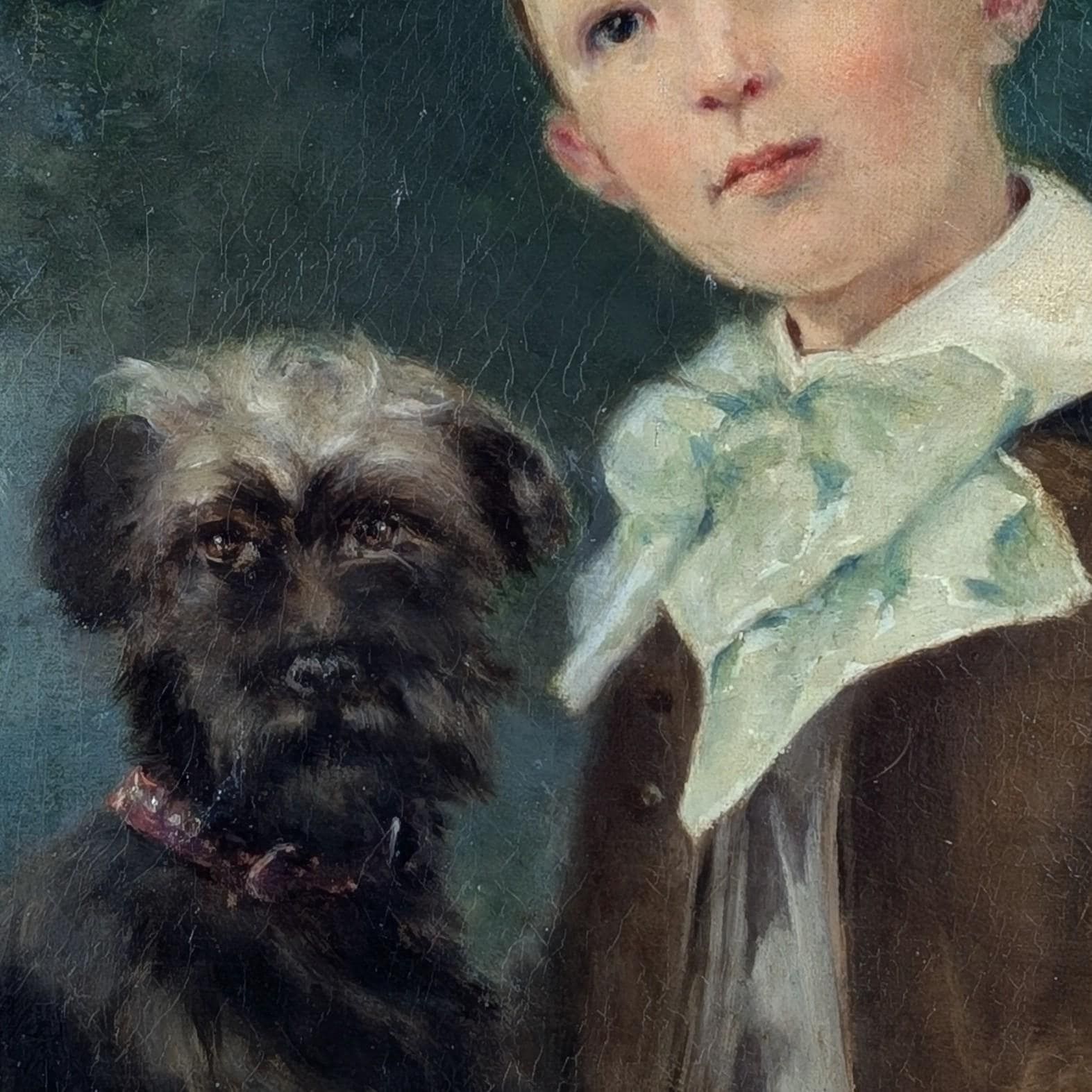photo for sale Antique Portrait Painting Boy With Terrier Dog Oil On Canvas Brown Gold Frame French School 19th Century Fine Art