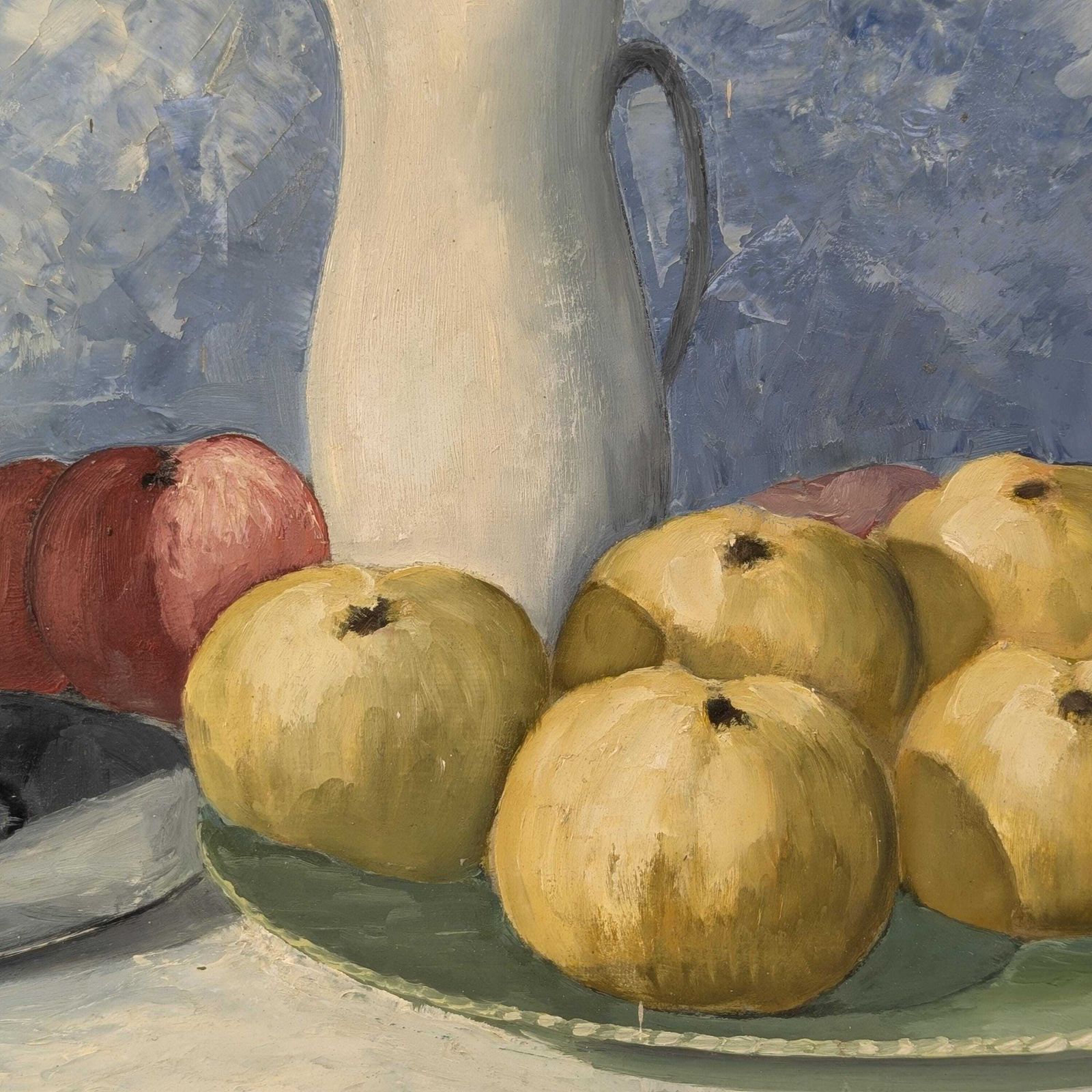 Marchand Signed Oil Painting: Blue Still Life With Pewter Jug And Fruit On Canvas photo 146.0