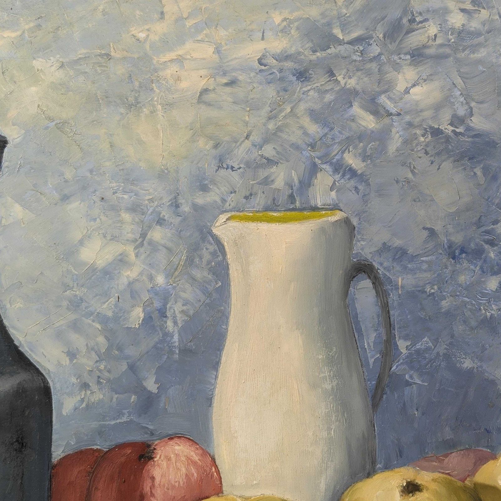 Marchand Signed Oil Painting: Blue Still Life With Pewter Jug And Fruit On Canvas photo vinterior