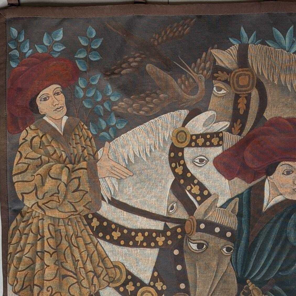 French Medieval Hunting Scene Hand Painted Canvas Tapestry Signed Mc Grillet, Equestrian Wall Art photo furniture