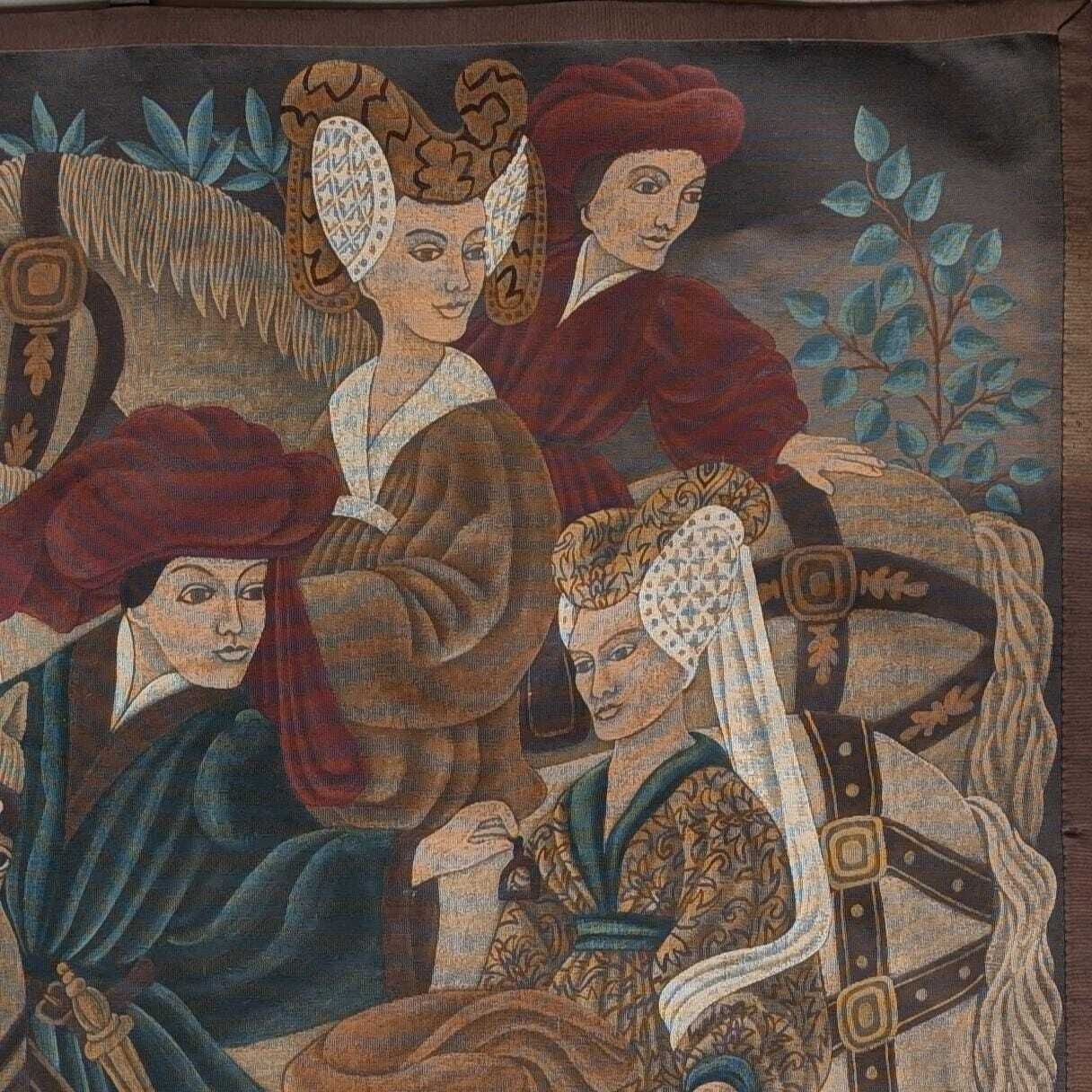 French Medieval Hunting Scene Hand Painted Canvas Tapestry Signed Mc Grillet, Equestrian Wall Art photo 310.0