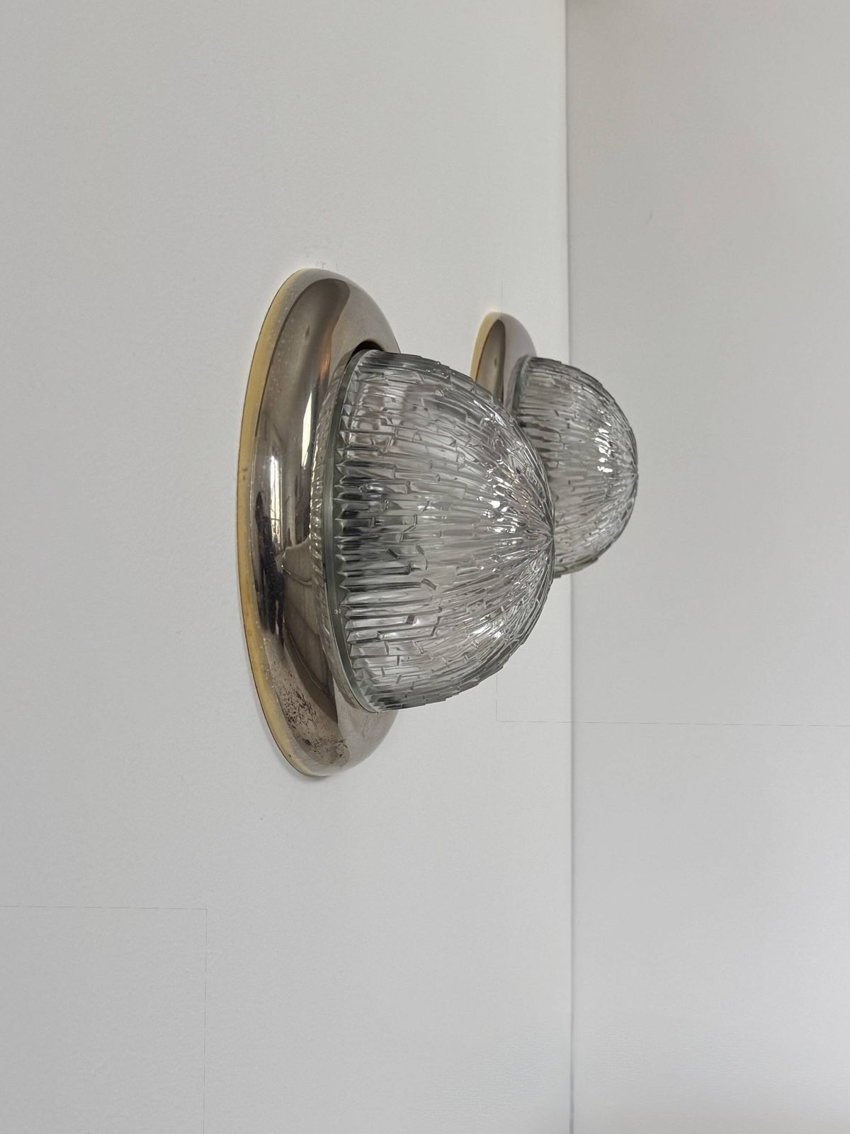 photo for sale Pair Of Vintage Wall Lights, Brass And Pressed Moulded Glass, France, 1960.