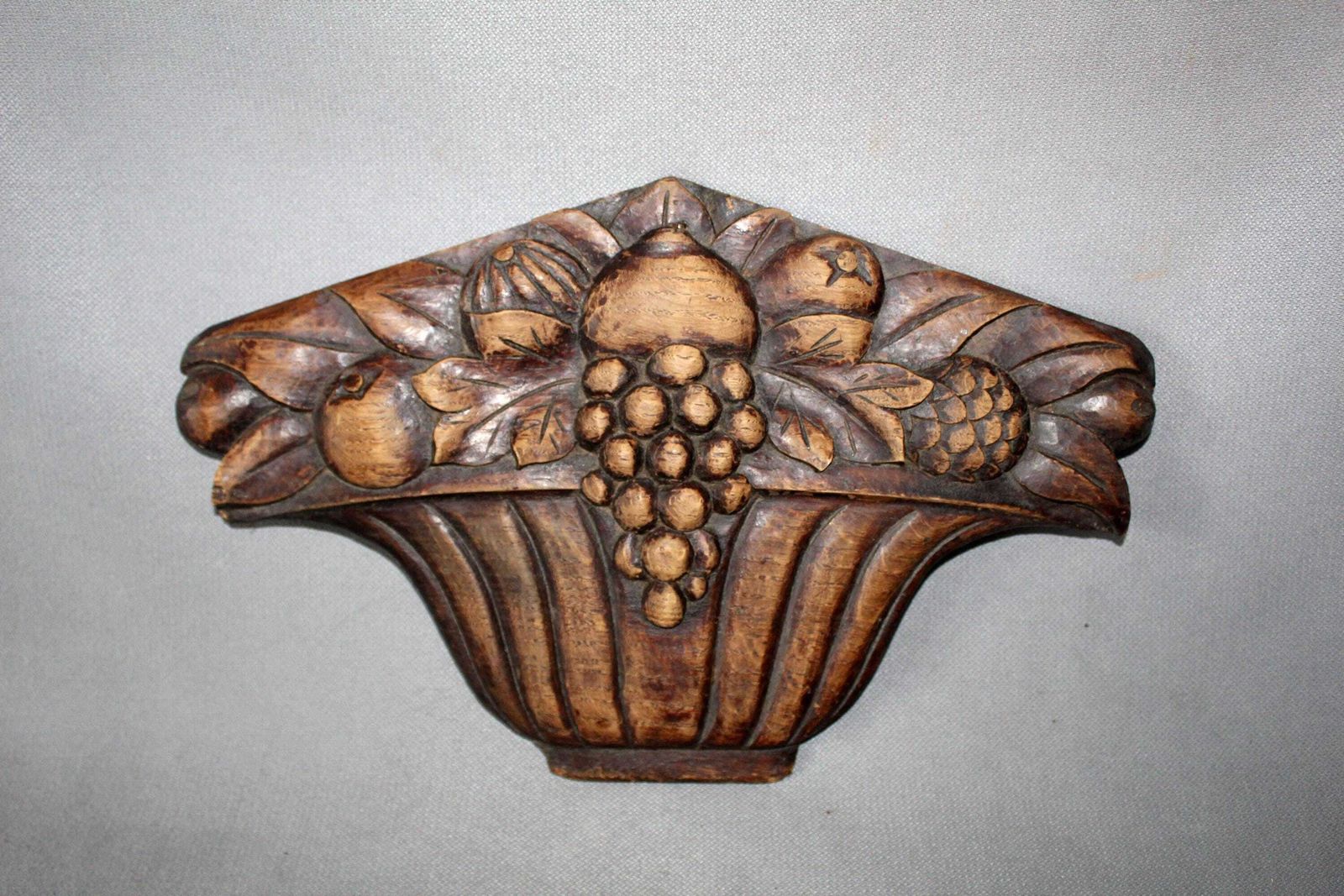 Antique French Hand Carved Wood Ornament, Wood Fruits In Basket, Ornament, Embellishments, Hanging Fruit Wall Sculpture photo Art