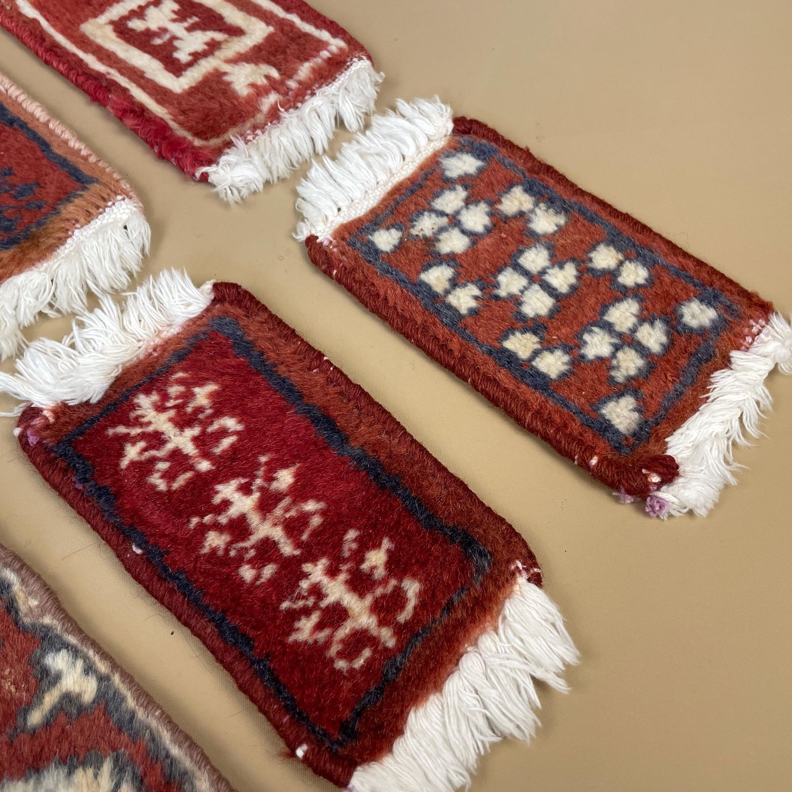 Vintage Miniature Oriental Rugs X8 Handwoven Wool Tabletop Decor Red Mats Set Geometric Small Carpets White Tassels photo buy