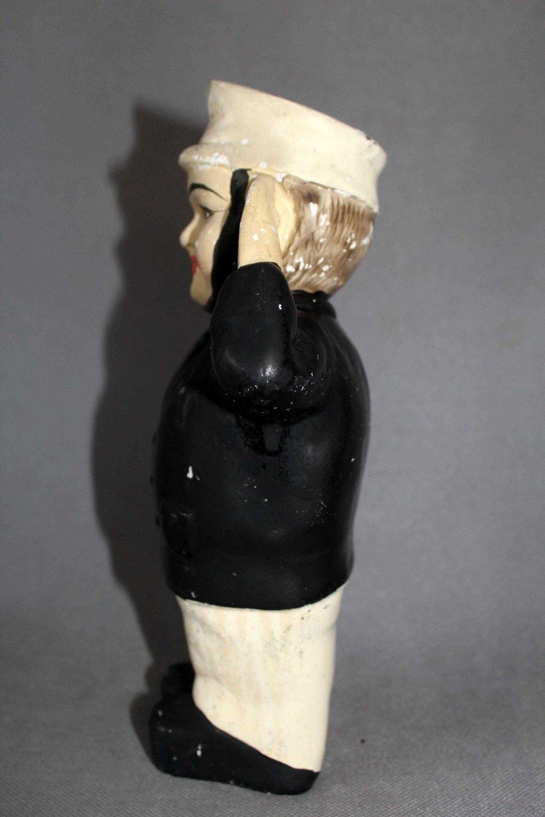 photo for sale Antique Circa 1900s French Chalkware Plaster Piggy Bank To Break, Money Box, Man In Uniform, Military Salute, Collectable, Black And White