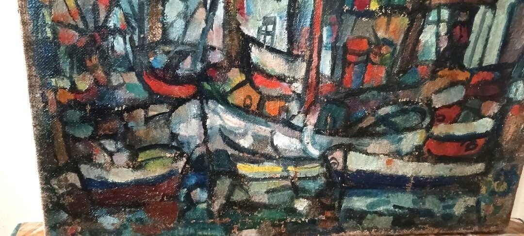 Oil On Canvas Ferruccio Ferri   1953   "Boats Of Syracuse" Syracus Expressionist Period photo vintage