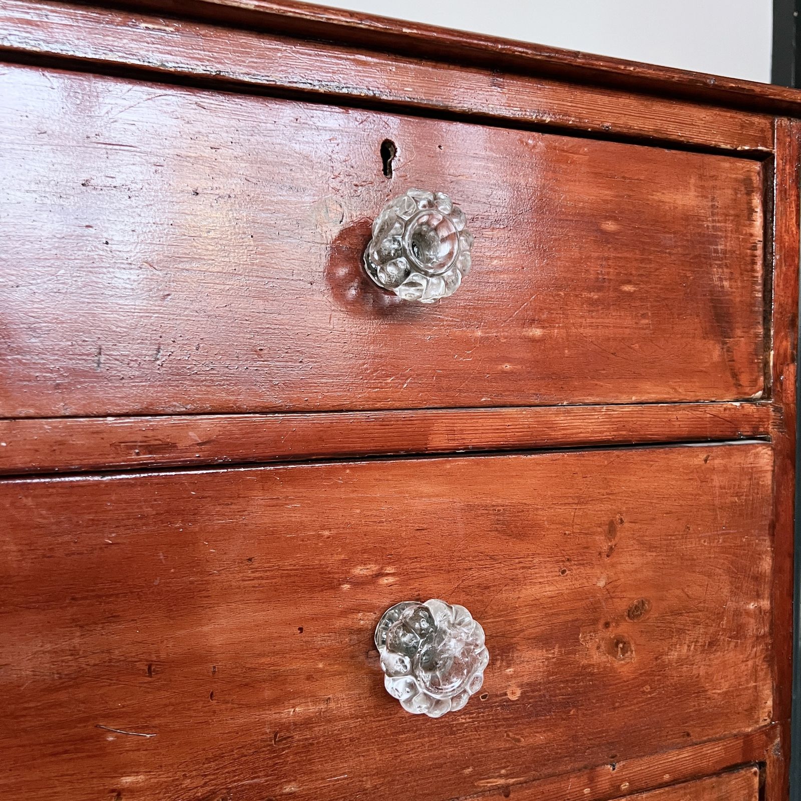 Stained Victorian Pine Chest Of Drawers With Glass Handles photo vintage