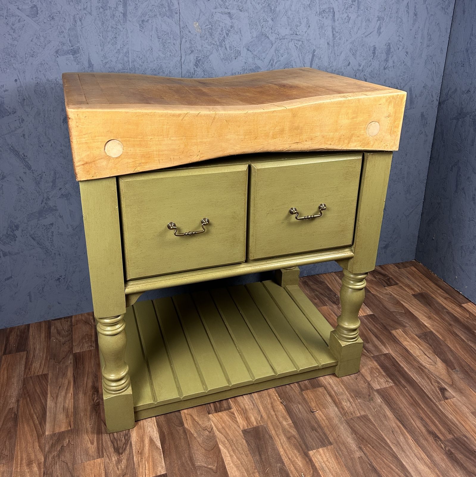 Vintage Butchers Block Kitchen Island With Two Drawers