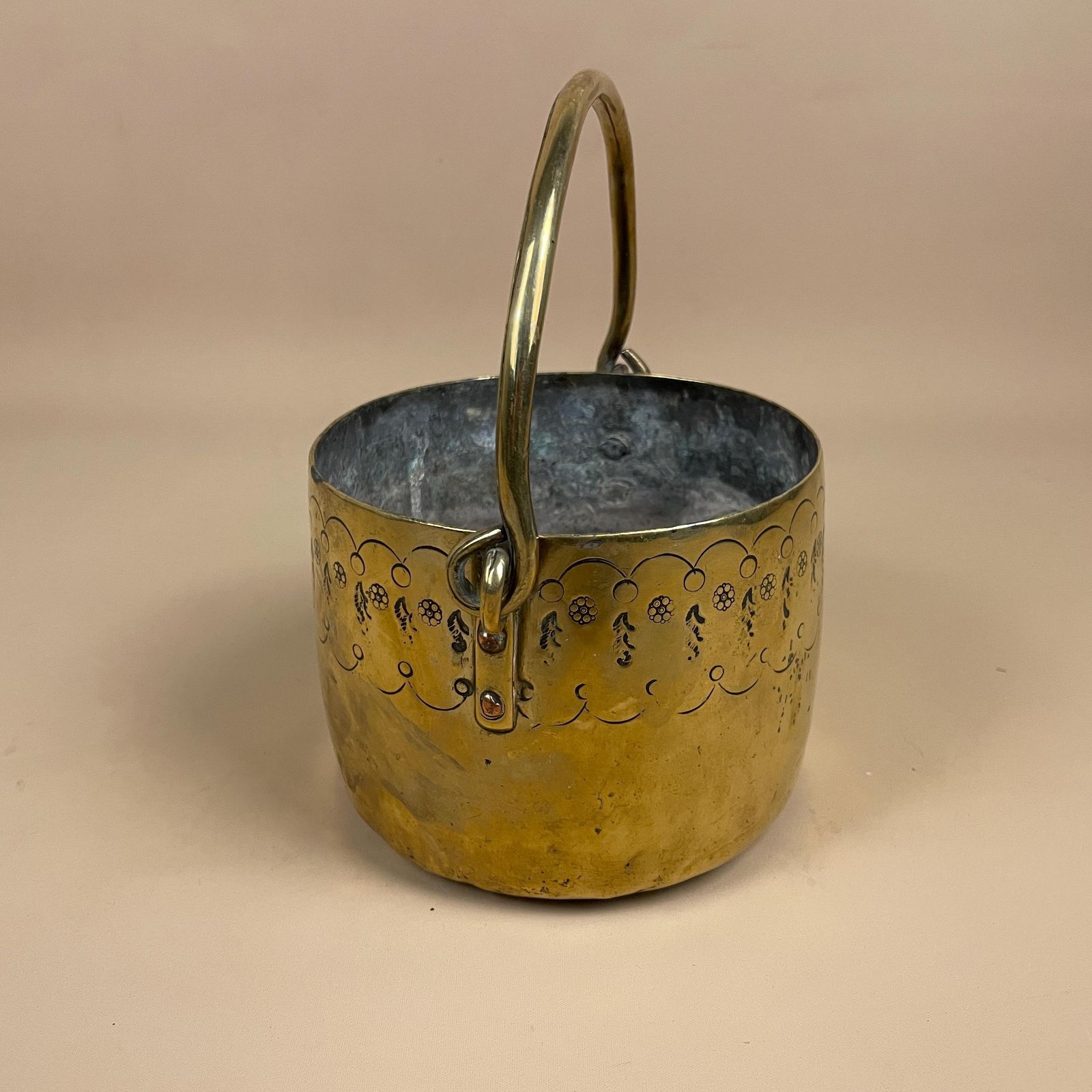 Indian Brass Metal Bucket Handled Engraved Floral Rim Decorative Pail Bowl Arts Crafts Gold Metal Home Decor Indoor Planter Plant Pot photo vinterior