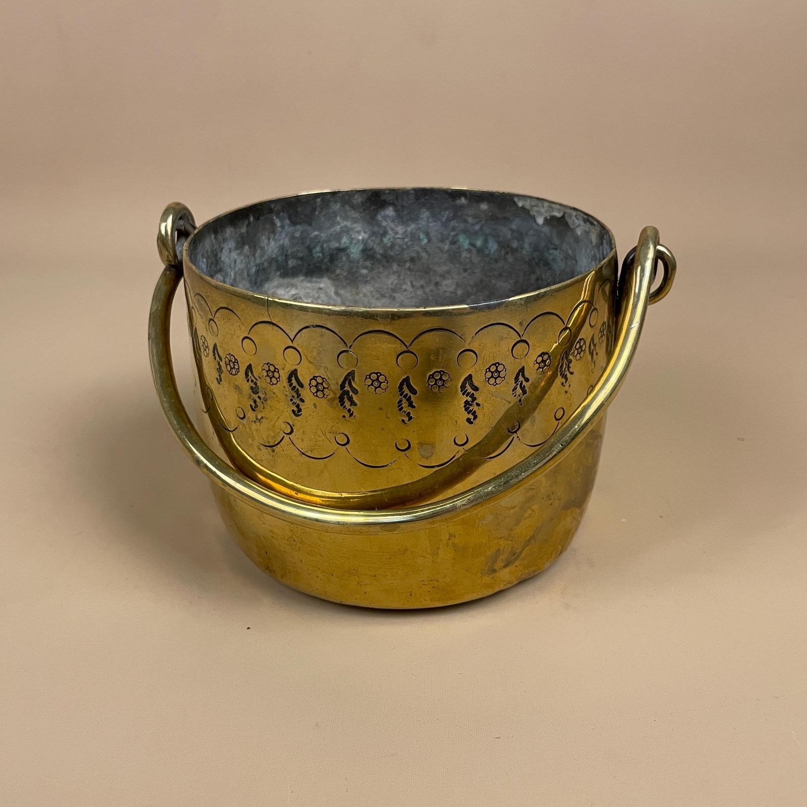Indian Brass Metal Bucket Handled Engraved Floral Rim Decorative Pail Bowl Arts Crafts Gold Metal Home Decor Indoor Planter Plant Pot photo buy