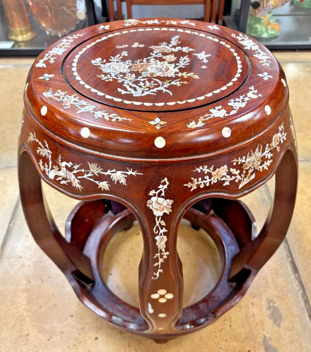 Antique Chinese Rosewood & Mother Of Pearl Drum Stool photo furniture