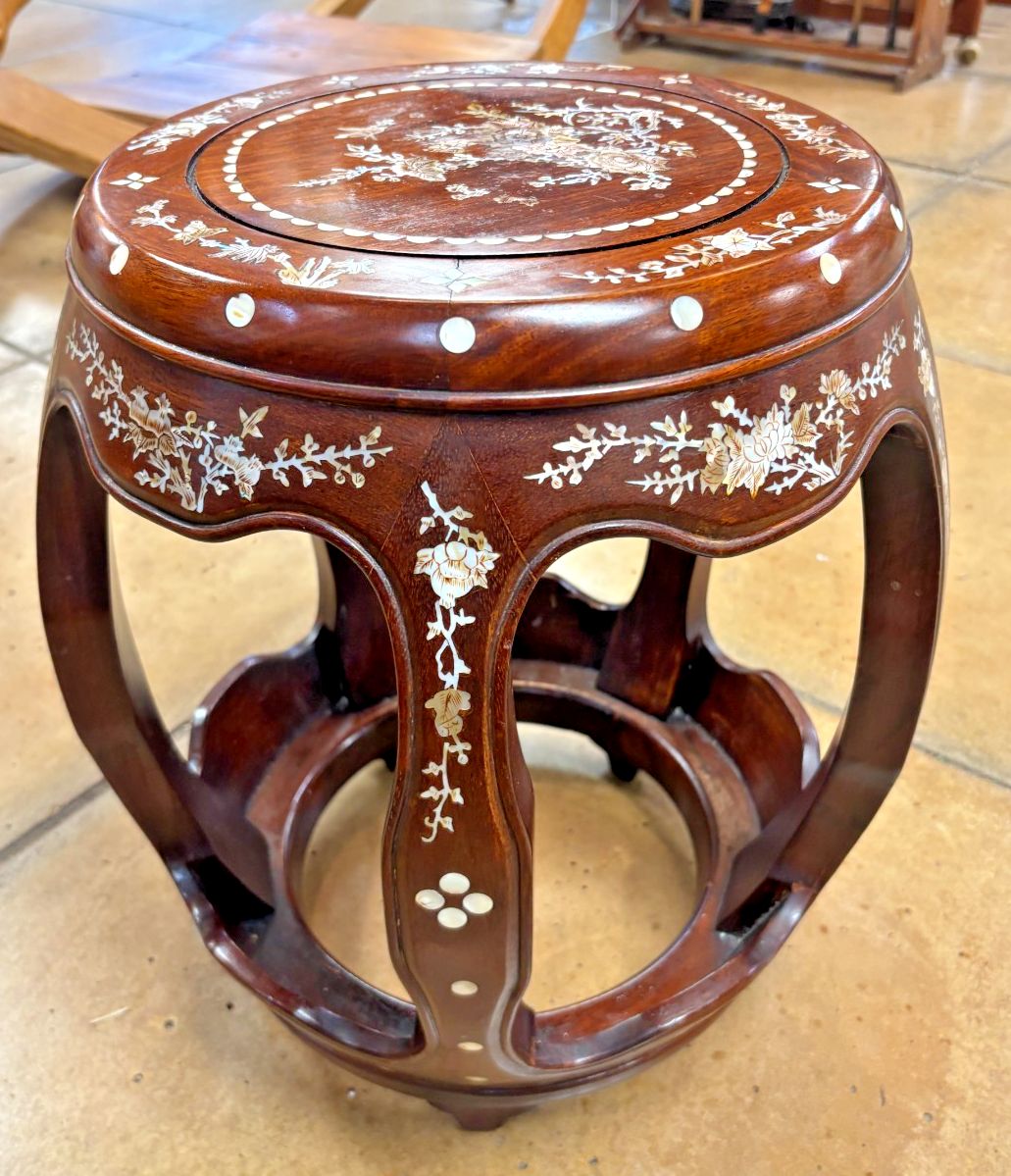 Antique Chinese Rosewood & Mother Of Pearl Drum Stool photo buy