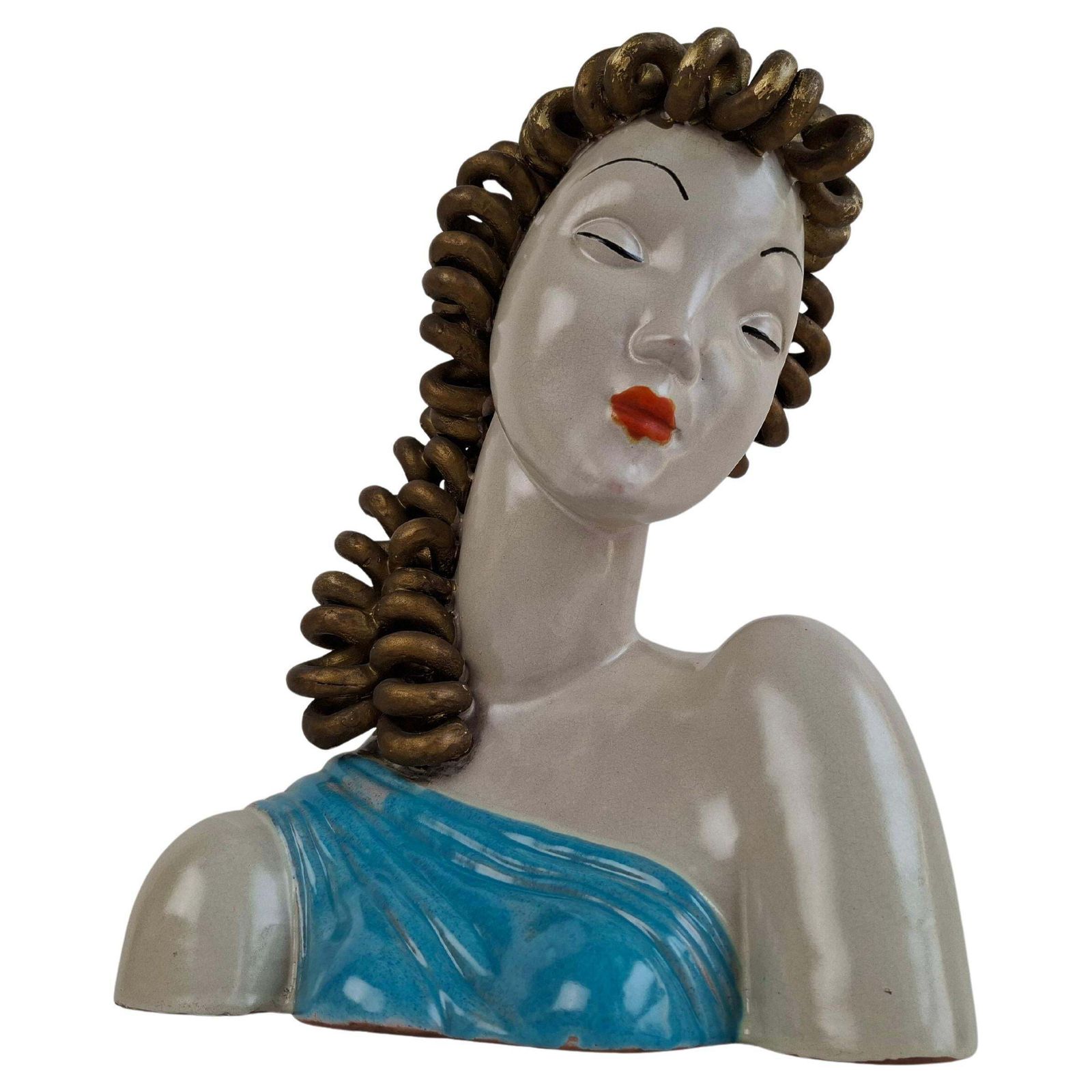 1930s Czechoslovak Art Deco Ceramic Bust Of A Woman With Gilded Curled Hair
