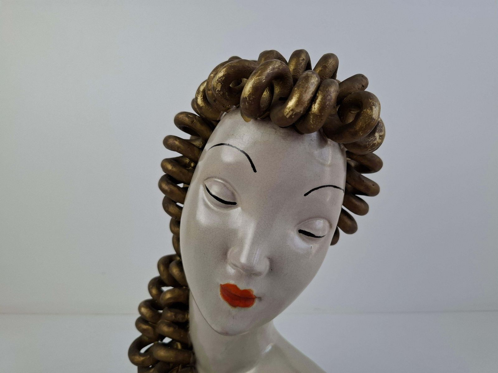 1930s Czechoslovak Art Deco Ceramic Bust Of A Woman With Gilded Curled Hair photo for sale