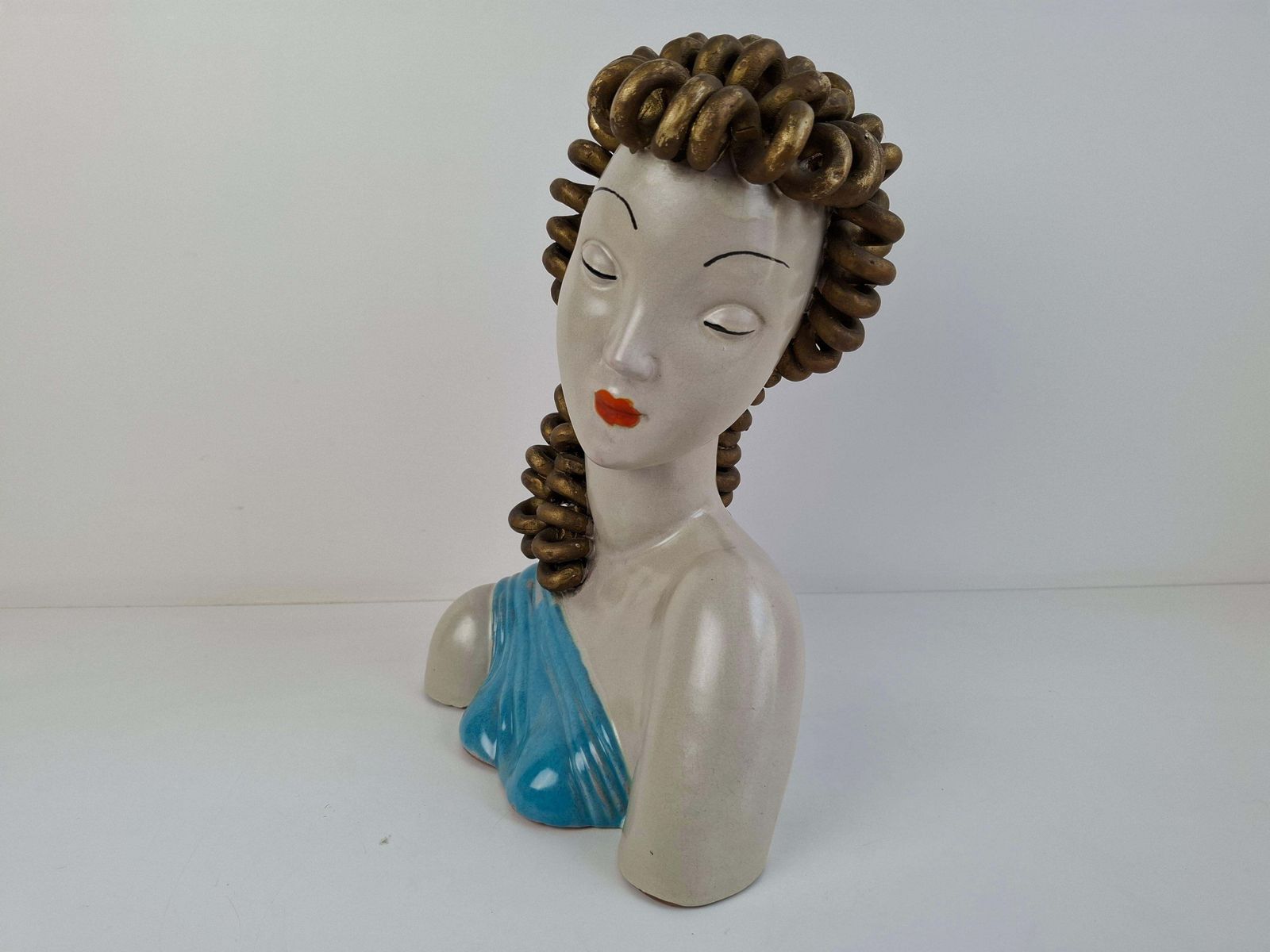 Art 1930s Czechoslovak Art Deco Ceramic Bust Of A Woman With Gilded Curled Hair photo