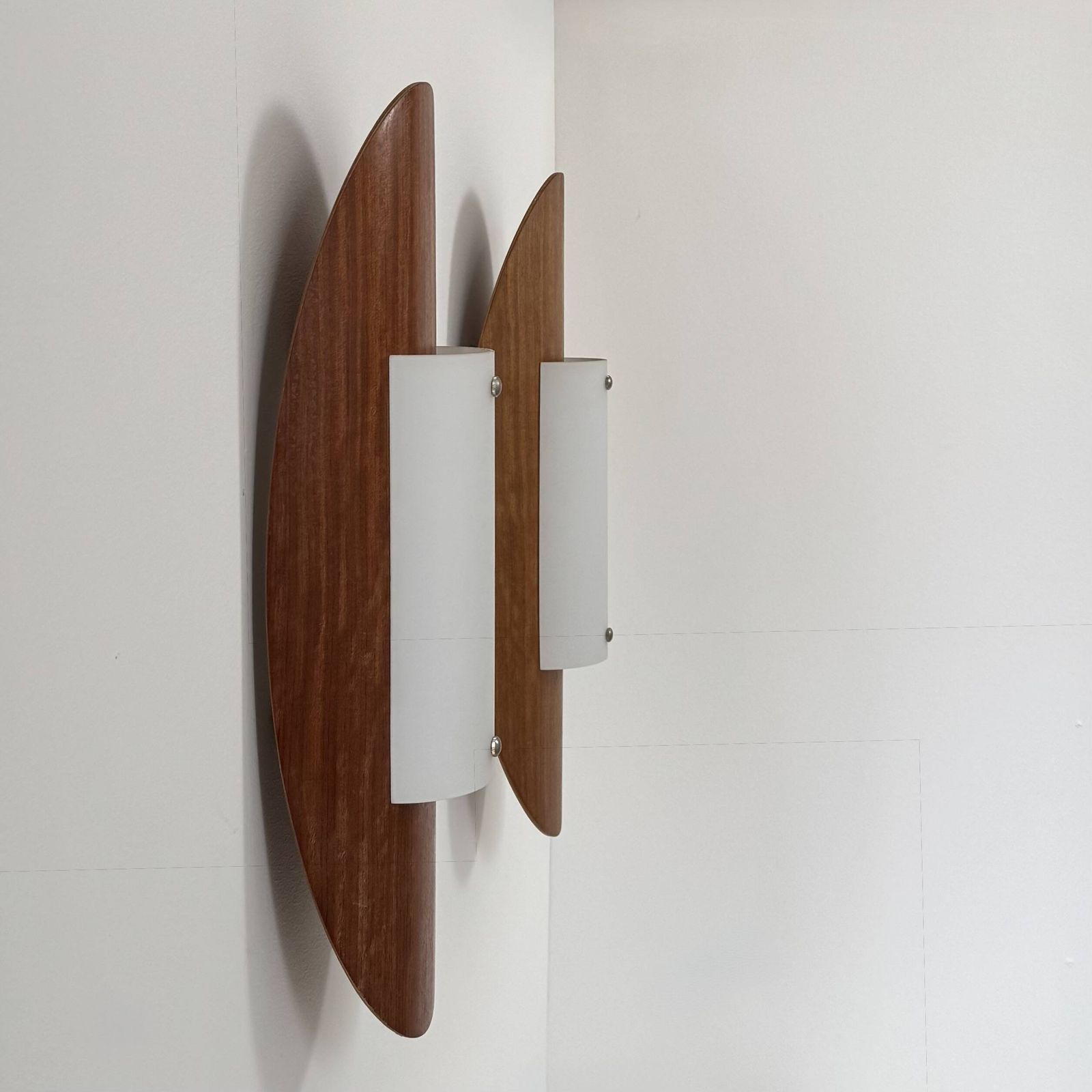 Pair Of Vintage Wall Lights In Thermoformed Wood And Opaline Glass, France, 1980 photo Lighting